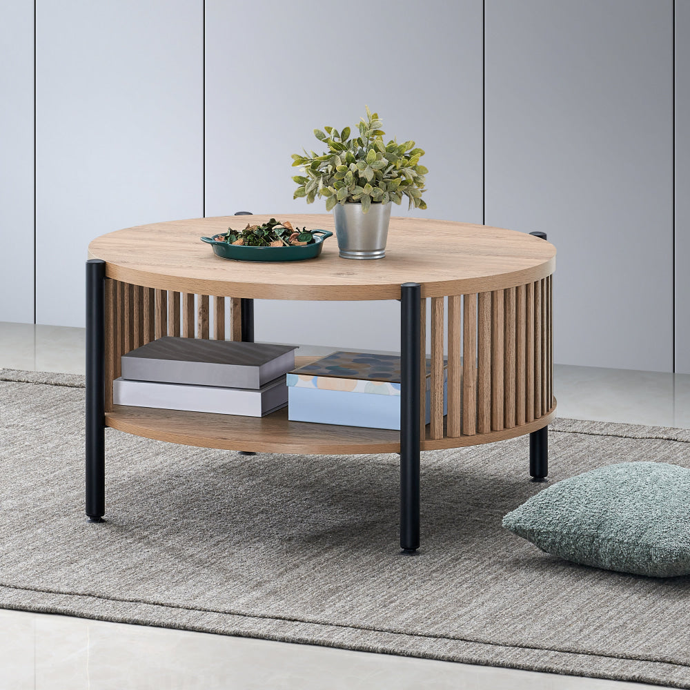 Ailana 80cm Wooden Round Open Shelf Coffee Table - Solid Oak Slat Design for Living Room, Bedroom & Office Decor