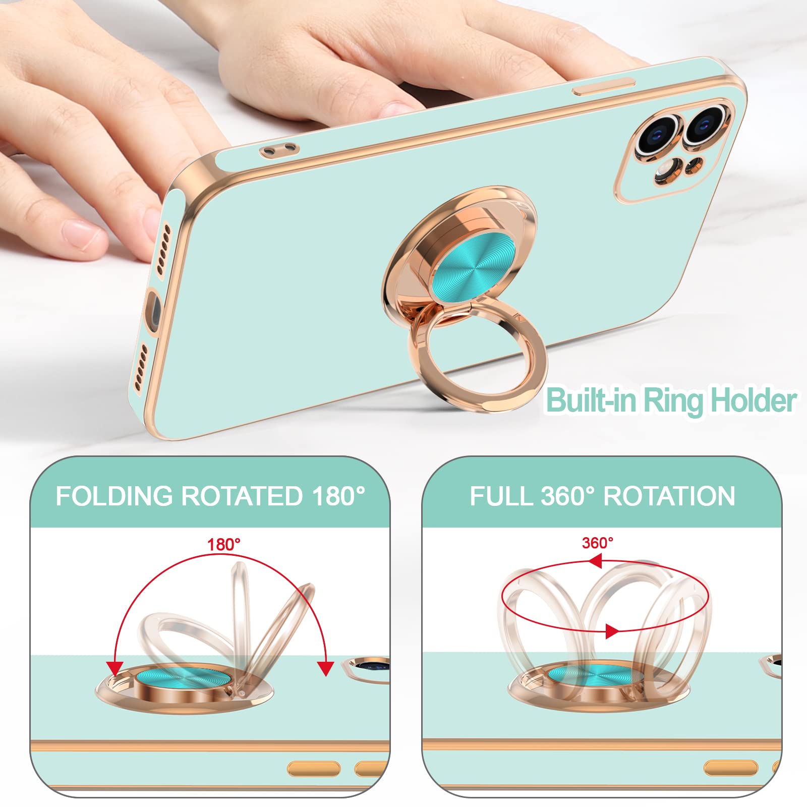 360° Rotatable Magnetic Ring Stand Case for iPhone 11 - Rose Gold Plated Edge, Slim Soft TPU Protective Cover for Women & Men | Perfect for Hands-Free Viewing, Secure Grip & Everyday Protection (Mint Green)