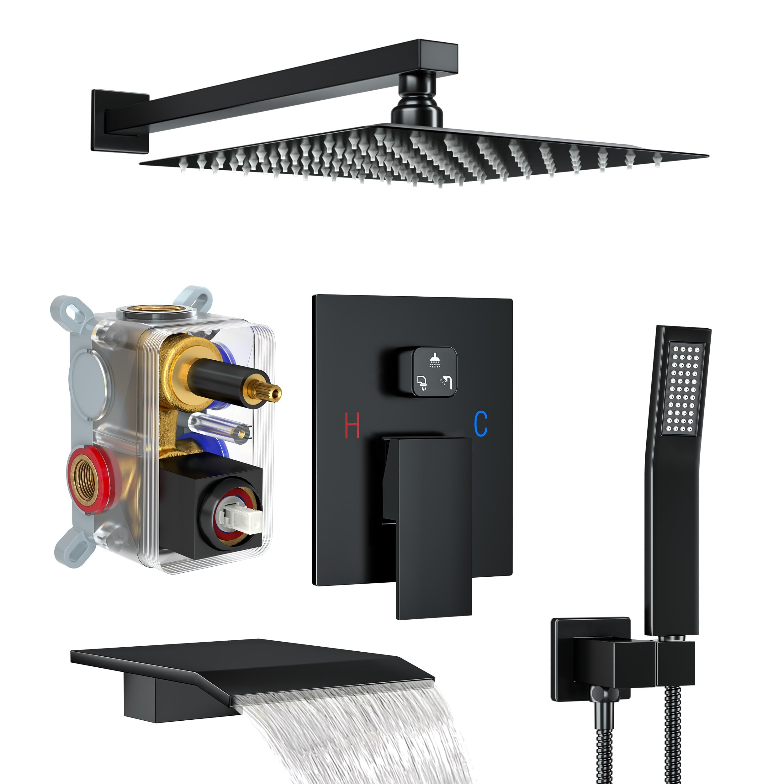 Premium Matte Black Shower System with Tub Spout - 10 Inch Rain Shower Head & Handheld Shower Set for Bathroom - Wall Mounted Faucet for Luxurious Spa-Like Experience at Home