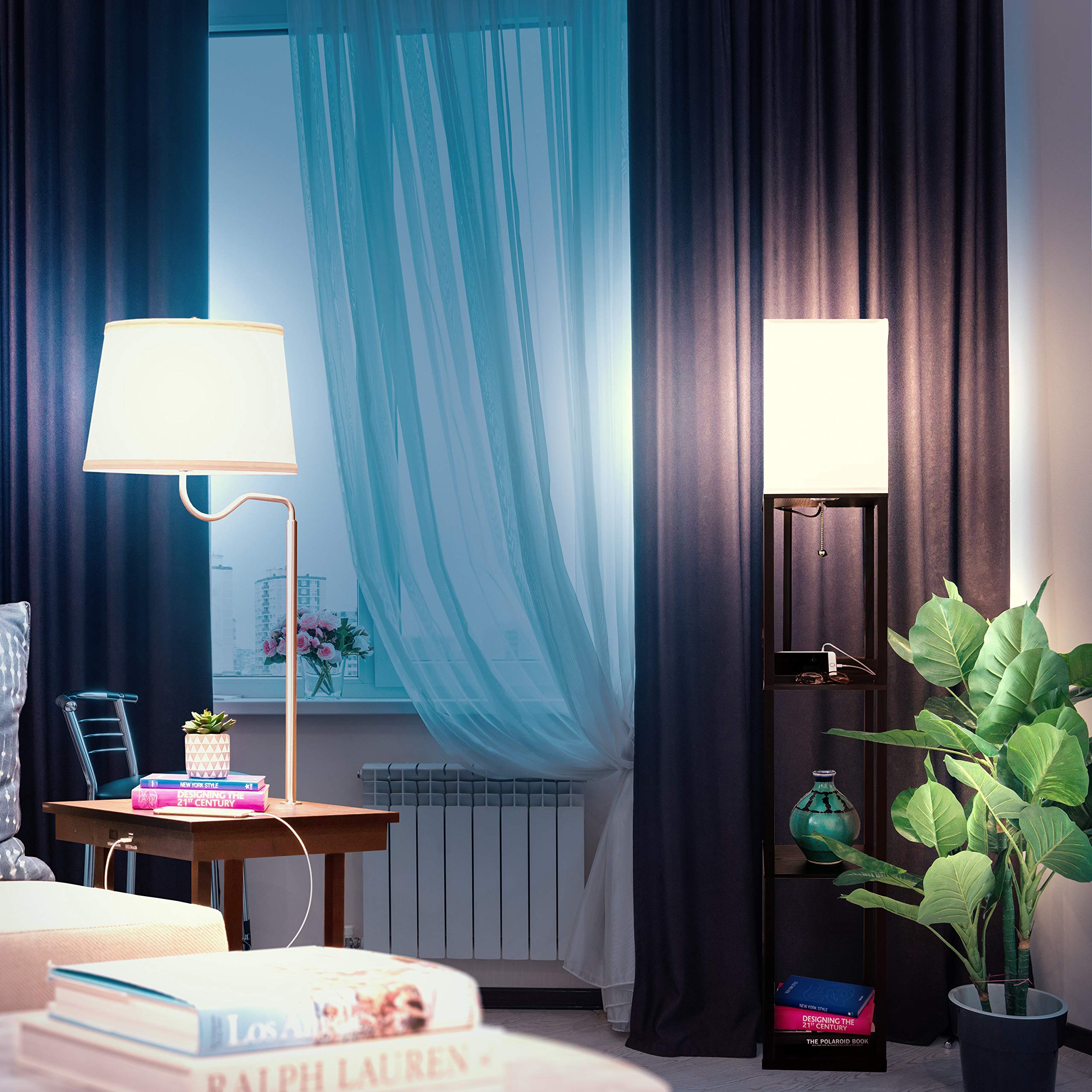 Brightech Maxwell and Madison Modern Floor Lamps Set of 2 with USB Charging Ports & Outlet - Black Living Room Lighting for Bedroom, Office, Reading Nook - Space-Saving Nightstand Lamps with Adjustable Brightness