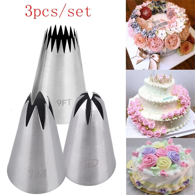 3PCS Drop Flower Piping Tips Set - 1M 2D 9FT Nozzles for Cream, Icing, Fondant - Rose Cake Decorating Tools for Baking, Pastry, Cupcakes & Wedding Cakes