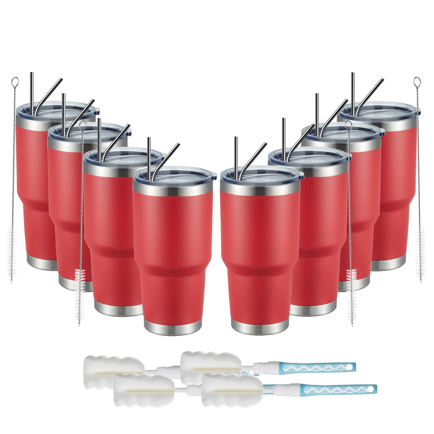 MEWAY 30oz Stainless Steel Vacuum Insulated Tumbler with Lid & Straw - Double Wall Coffee Cup for Hot & Cold Drinks - Powder Coated Durable Travel Mug for Office, Gym, Camping (Coral Red, 8 Pack)