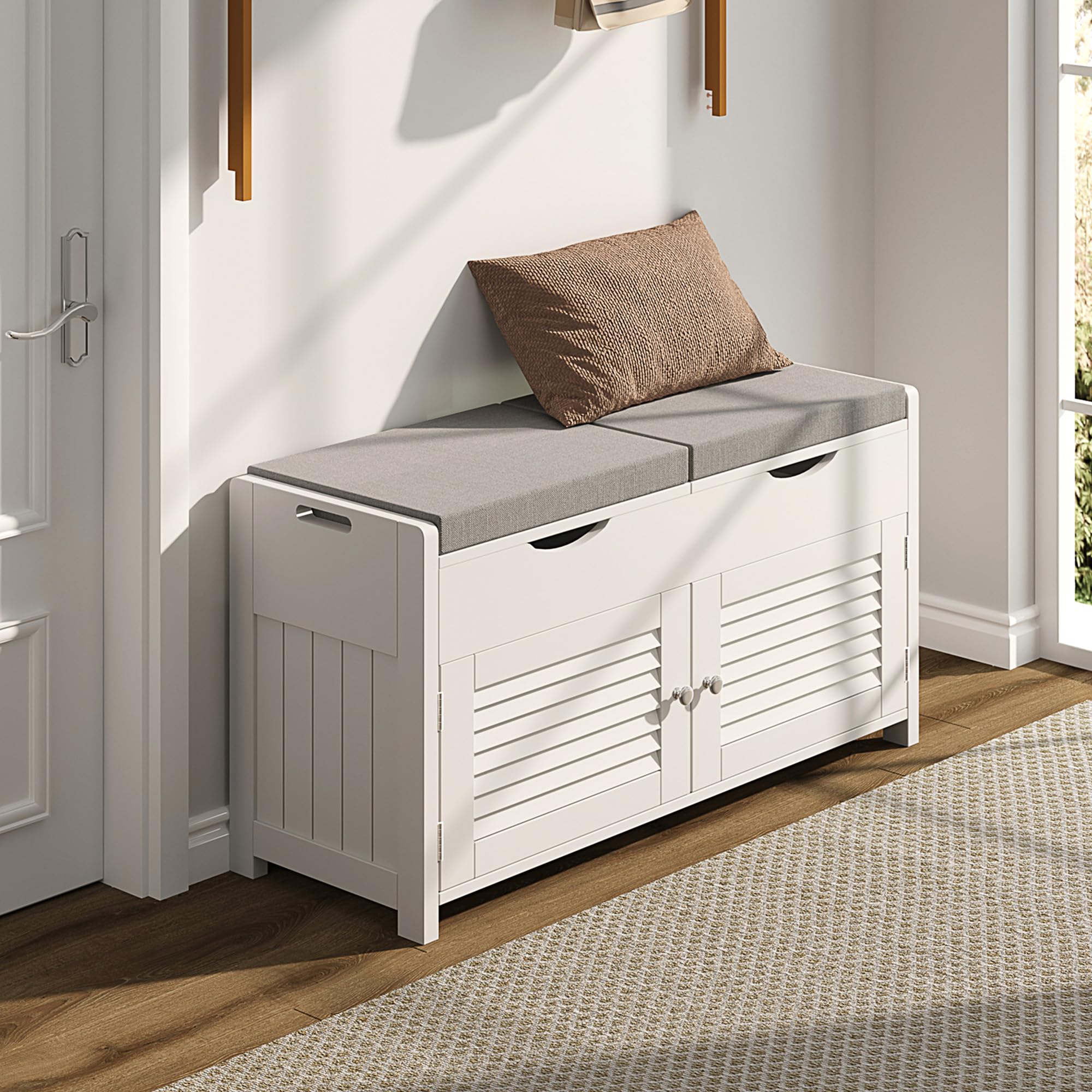 White Shoe Storage Bench with Lift Top - Entryway Bench with 2 Cushioned Seats, 3 Compartments & Adjustable Shelf - Hidden Storage Shoe Cabinet for Entryway, Bedroom & Living Room - Perfect for Organizing Shoes, Hats & Seasonal Items in Small Spaces
