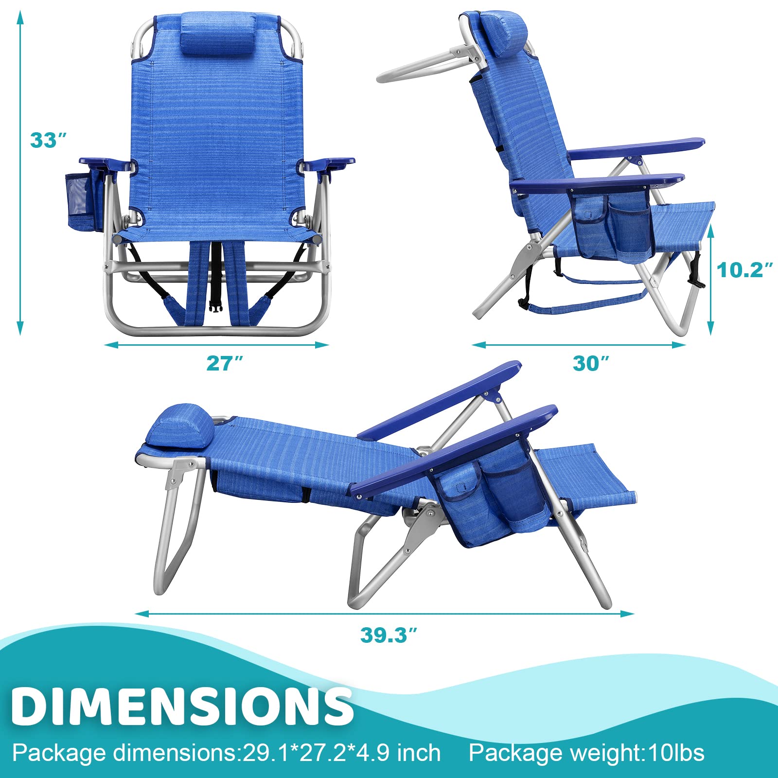 LEMBERI Heavy Duty Folding Beach Chair for Adults - Portable Camping Chair with Large Storage Pockets, Adjustable Cup Holder & Towel Rack - Perfect for Beach, Poolside, Picnics & Outdoor Travel (Navy Blue)