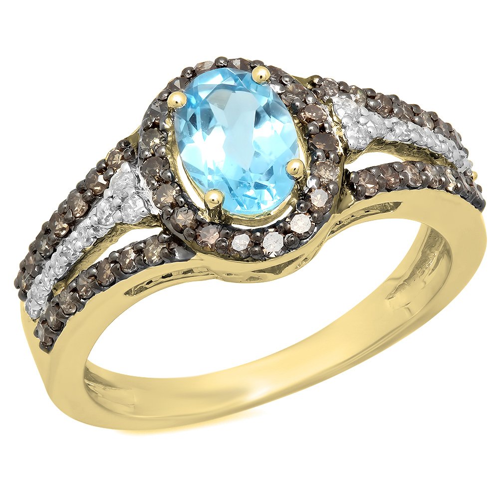 Dazzlingrock Collection 14K Solid White Gold Blue Topaz, Champagne & White Diamond Women's Halo Bridal Engagement Ring – Perfect for Proposals, Weddings & Anniversary Gifts