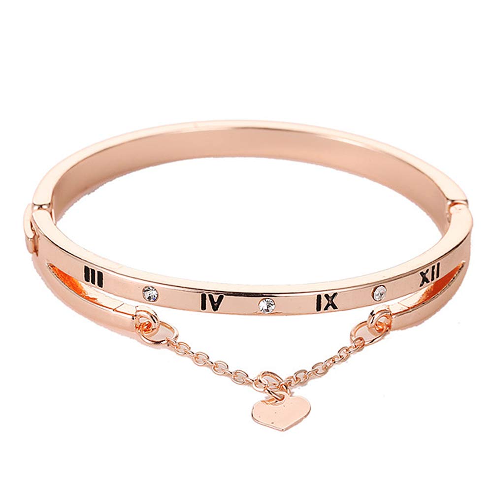 FublousRR5 Roman Numerals Bracelet for Women - Engraved Heart Pendant Chain Bangle in Rose Gold | Perfect Gift for Anniversary, Birthday & Valentine's Day