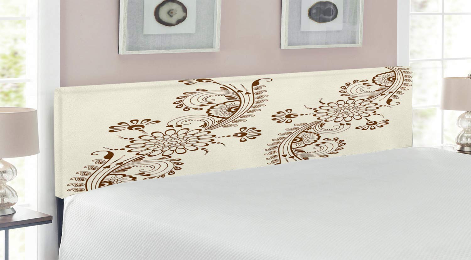 Ambesonne Folkloric Upholstered King Size Headboard - Abstract Floral Oriental Design with Memory Foam in Brown & Cream | Perfect for Bedroom Decor, Guest Rooms & Master Suites