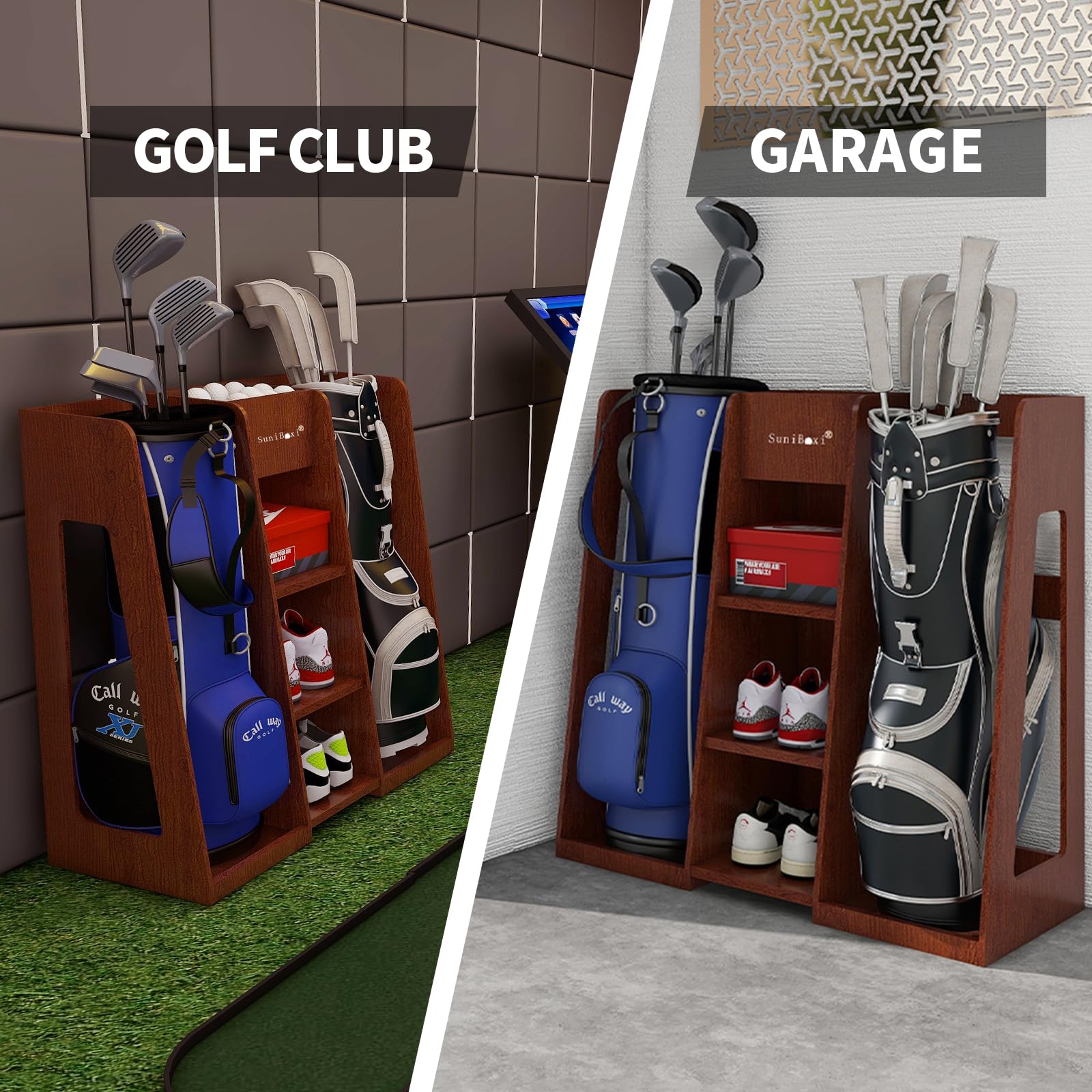 Premium Golf Bag Organizer Stand - Holds 2 XL Golf Bags & Multiple Accessories | Durable Storage Rack for Garage, Shed, Basement | Perfect Golf Gift for All Skill Levels | Indoor & Outdoor Use on Course, Driving Range & Home Practice