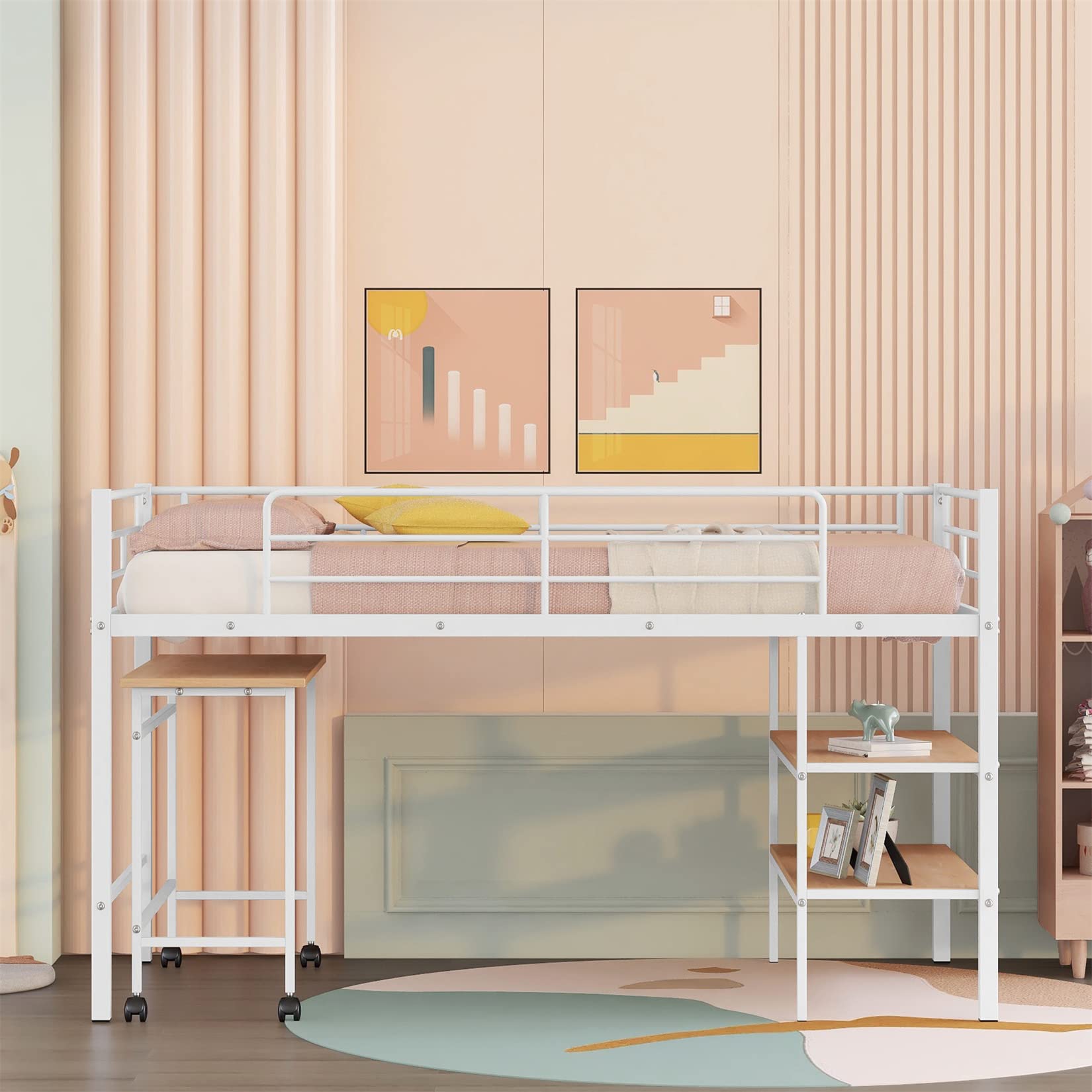 Harper & Bright Designs Low Loft Bed with Bookcase & Rolling Desk - Twin Size Metal Frame for Kids & Teens - Perfect for Small Bedrooms, Dorm Rooms & Study Spaces (White)