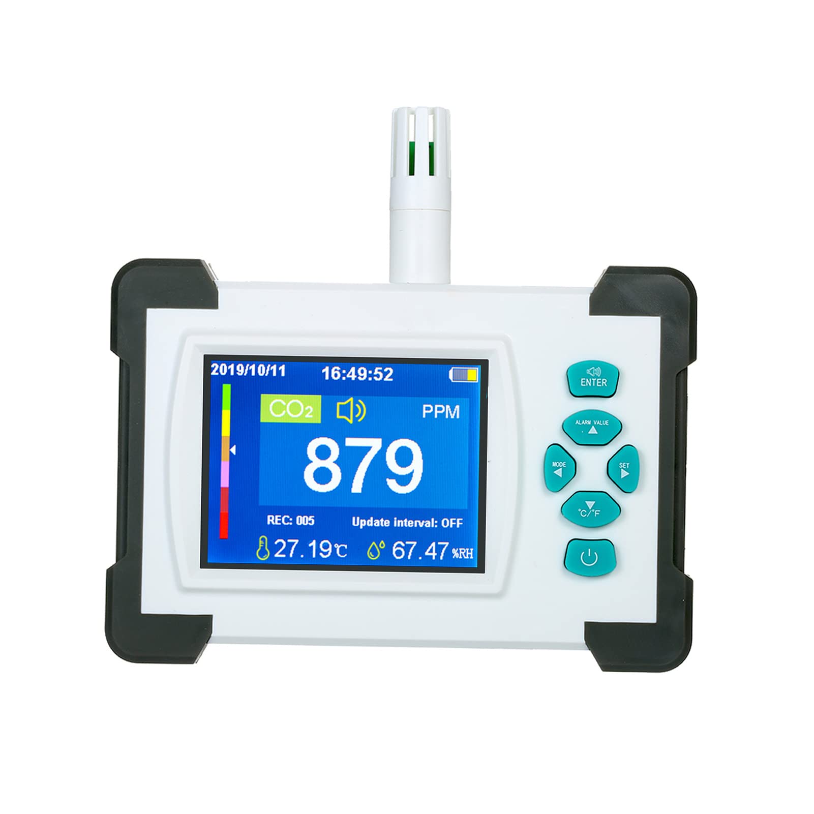 HHOP Portable CO2 Detector with Rechargeable Battery - Wall Mountable Carbon Dioxide Meter & Air Quality Monitor with Storage Case & Stand - Perfect for Home, Office, Classroom, and Indoor Air Quality Testing