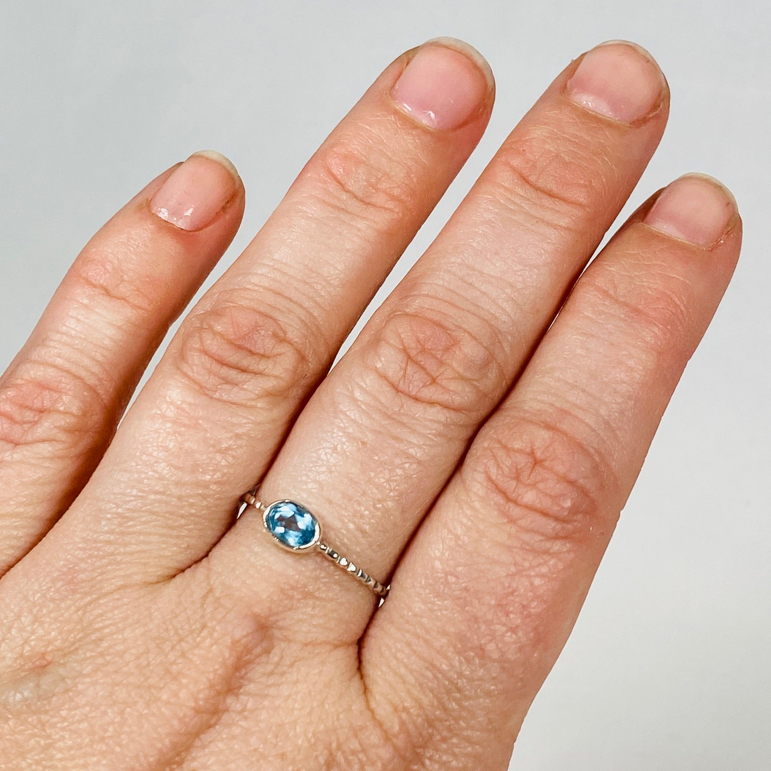 Blue Topaz Oval Faceted Sterling Silver Fine Band Ring - Size 7.5 - Elegant Birthstone Jewelry for Women - Perfect for Anniversary Gifts & Special Occasions
