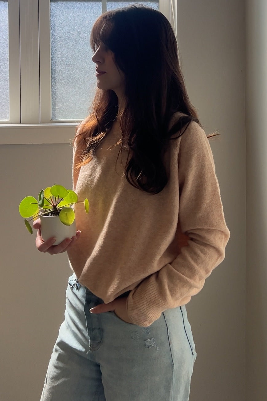 Soft Beige Brushed Knit Sweater for Women - Cozy Winter Pullover with Ribbed Cuffs - Perfect for Casual Outfits & Holiday Gatherings