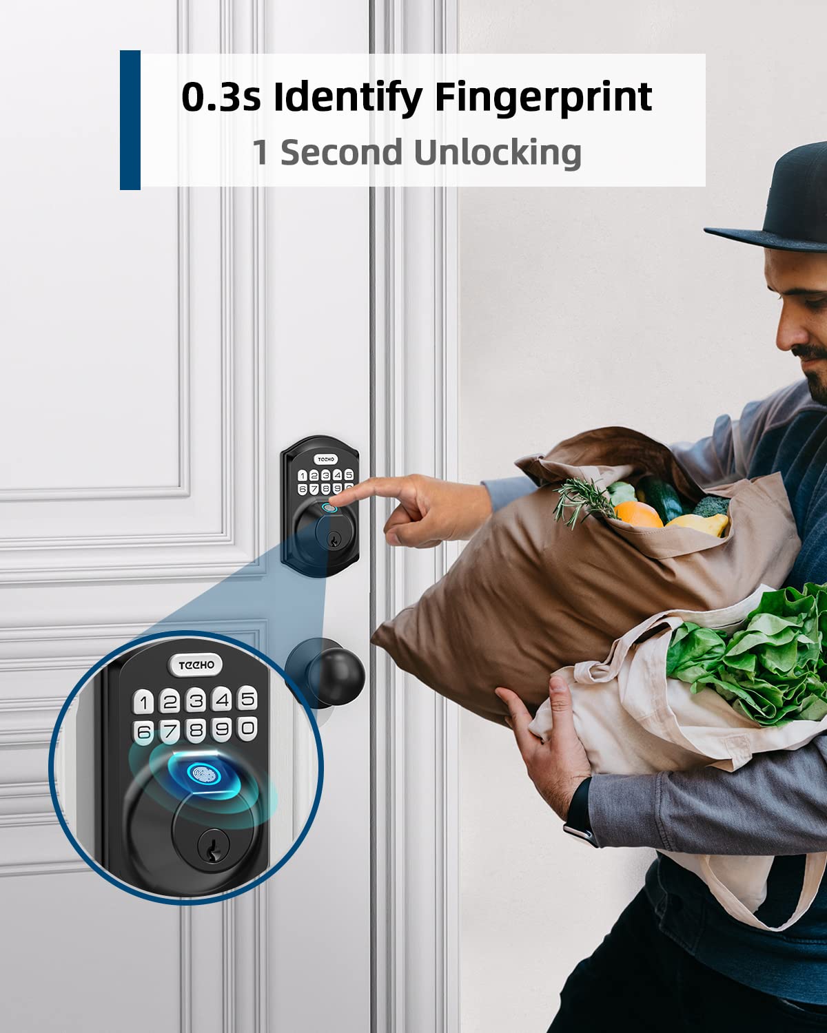 TEEHO Smart Fingerprint Keyless Entry Door Lock - Keypad Deadbolt with Handle - Auto Lock & Easy Installation - Matte Black - Secure Your Home & Office with Touchless Access
