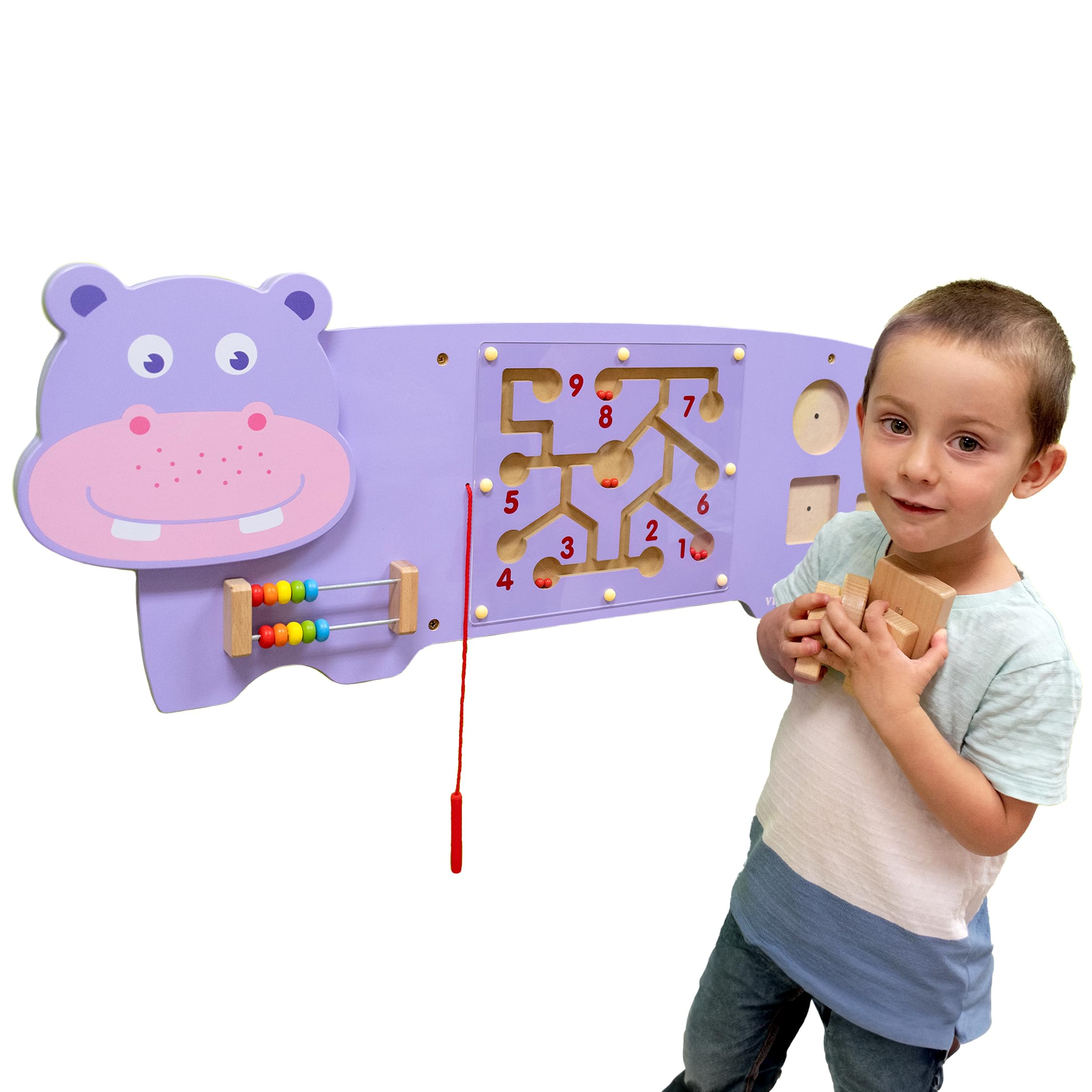 SPARK & WOW Montessori Sensory Wall Toy - Hippo Activity Board for Toddlers 18 Months+ | Busy Board with 3 Educational Activities | Nursery Decor & Playroom Wall Panel for Early Childhood Development