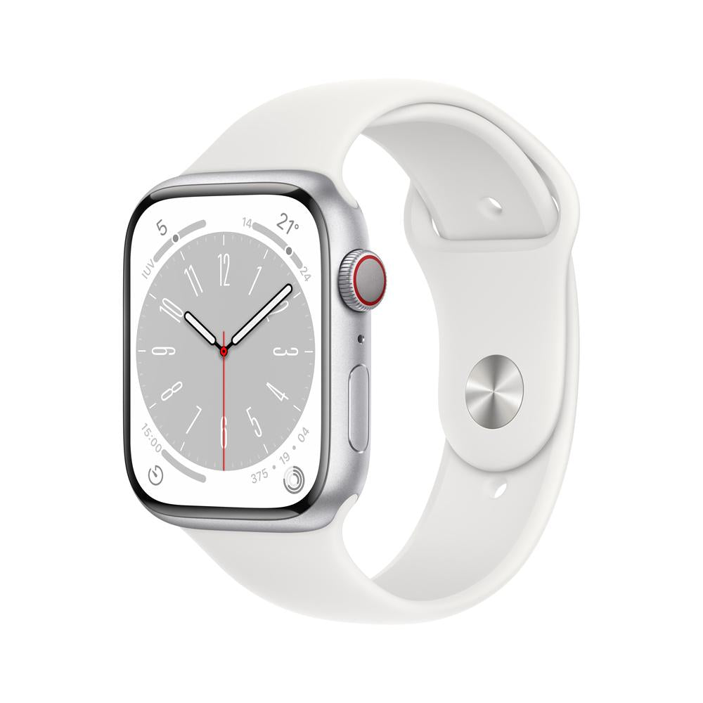Apple Watch Series 8 (GPS + Cellular) 45mm Silver Aluminum Case with White Sport Band - Perfect for Fitness Tracking, Calls & Notifications on the Go