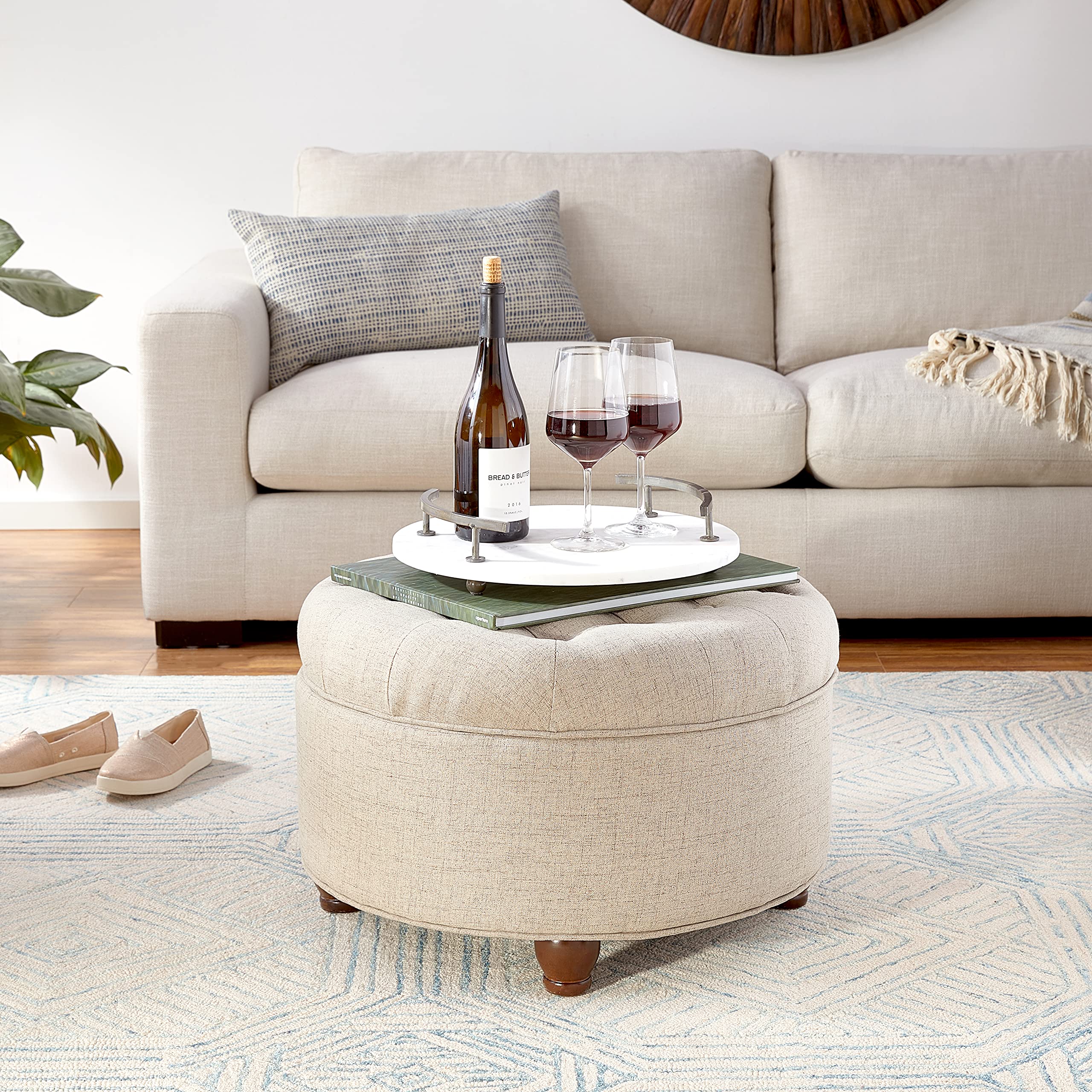 Homepop Large Round Button Tufted Woven Storage Ottoman - Stylish Home Decor for Living Room, Bedroom & Office Organization