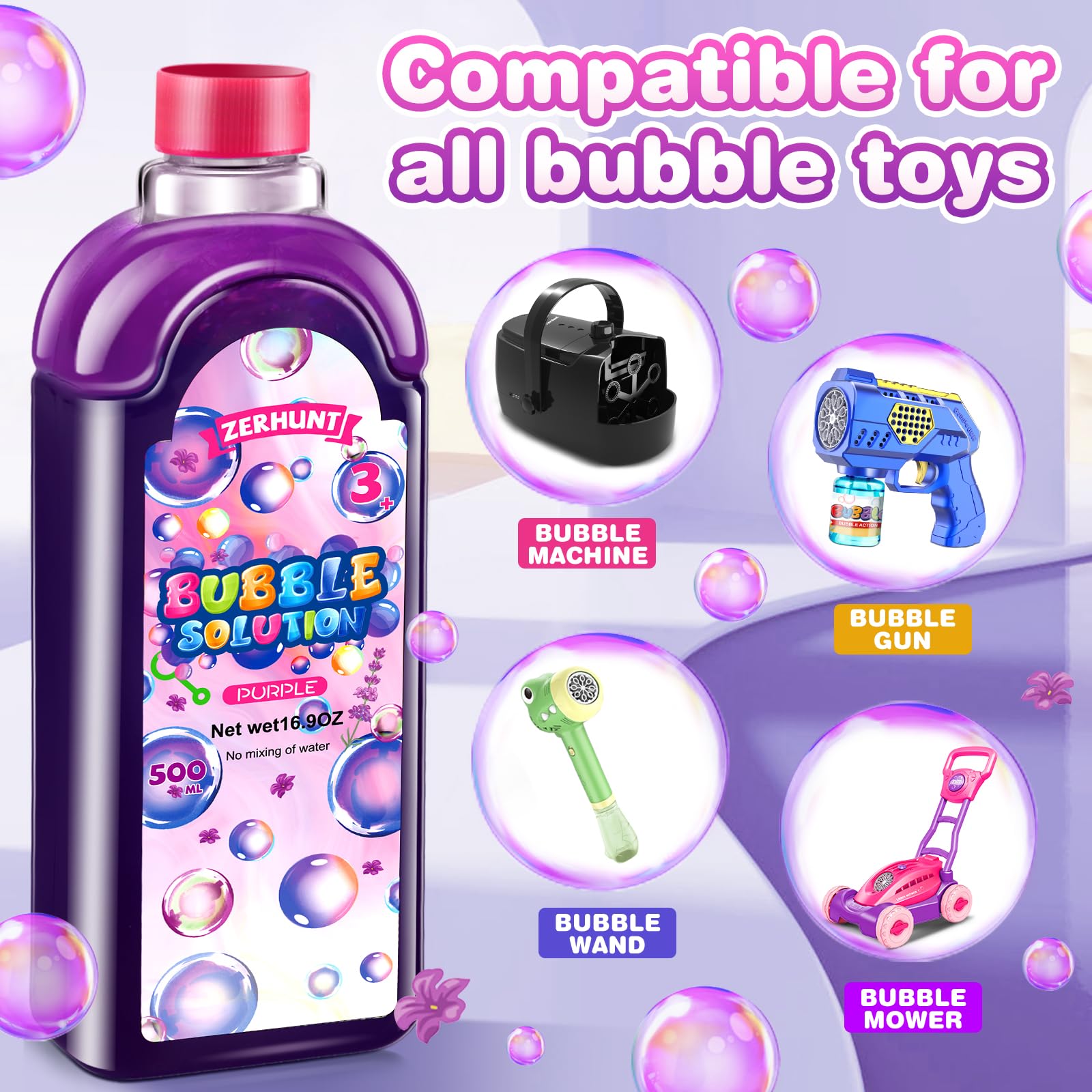 Zerhunt Non-Toxic Bubble Solution Refills - 500ML Purple Bubble Liquid for Bubble Machines & Toys | Safe, Long-Lasting Bubbles for Kids Outdoor Play, Birthday Parties & Backyard Fun
