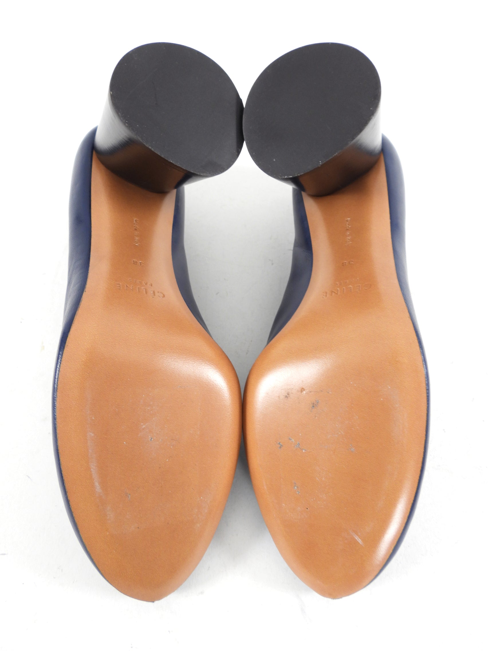 Celine Navy Blue Leather V-Neck Pumps Women's Size 38 (US 7.5) - Elegant High Heels for Office, Party & Special Occasions