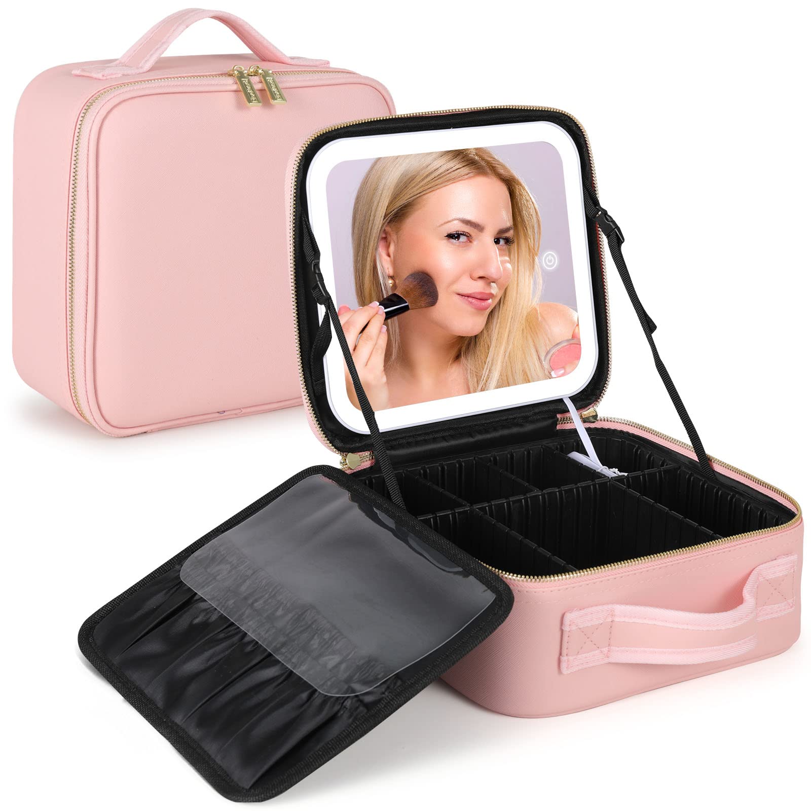LED Lighted Travel Makeup Bag with Adjustable Dividers - Portable Cosmetic Organizer Train Case for Women, Rechargeable 3-Color Mirror & Storage Box (Pink) - Perfect for Travel, Home Vanity & Professional Makeup Artists