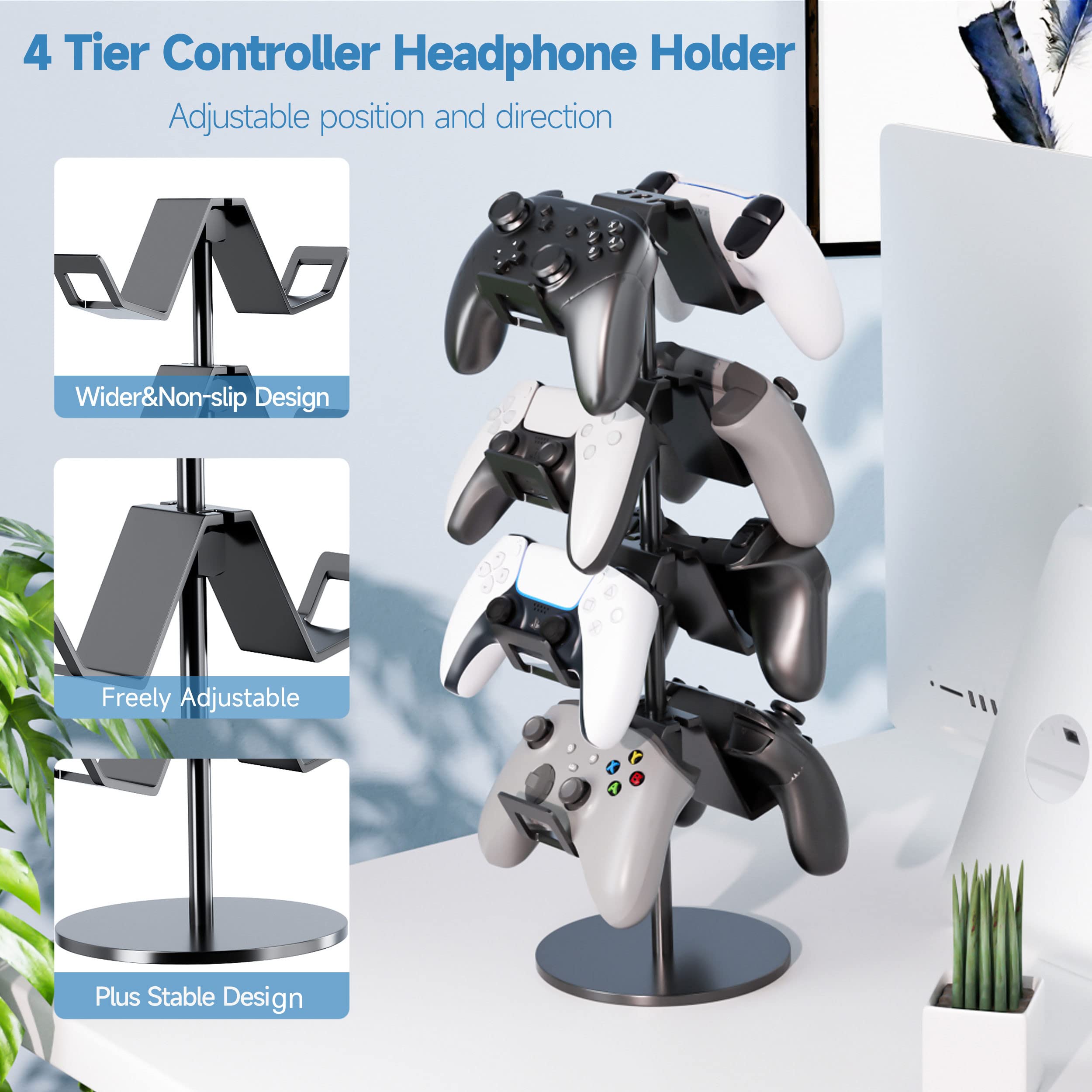 4-Tier Adjustable Controller & Headphone Stand for Xbox PS5 PS4 Switch Pro - Universal Gaming Accessories Organizer with Desk/Floor Mount - Perfect for Gaming Setup & Home Office (Black)