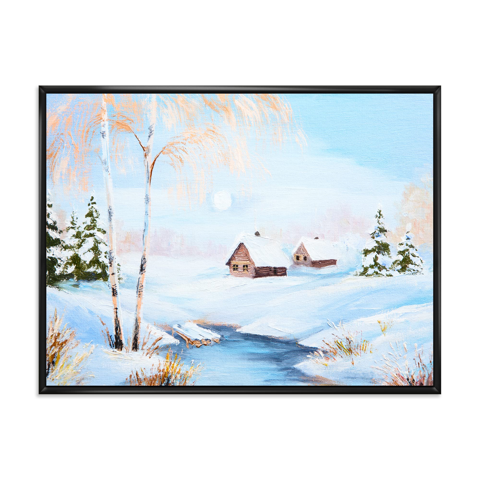 DesignQ Winter Landscape Frozen River In The Forest - Lake House Framed Canvas Wall Art Print | Nature Scene Home Decor for Living Room, Bedroom & Office