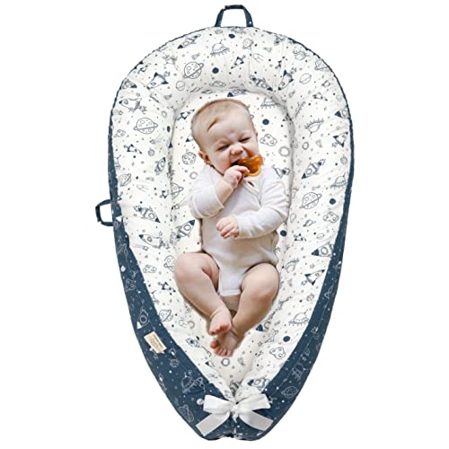 Soft Portable Baby Lounger & Newborn Sleeper Bed - Co-Sleeping Crib, Toddler Floor Seat, Bassinet Alternative - Vacuum Packed for Easy Storage - Perfect for Nursery, Travel & Baby Registry (Spaceship Design)