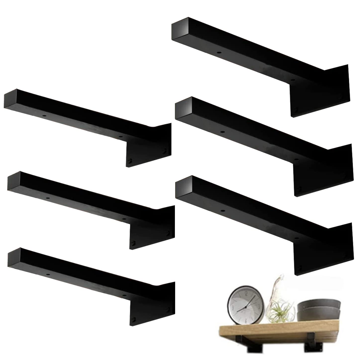 10 Inch Heavy Duty Black Wall Shelf Brackets with Lip - 6 Pack Matte Black Floating Shelf Supports for DIY Home & Office Storage - Perfect for Books, Decor, and Kitchen Organization