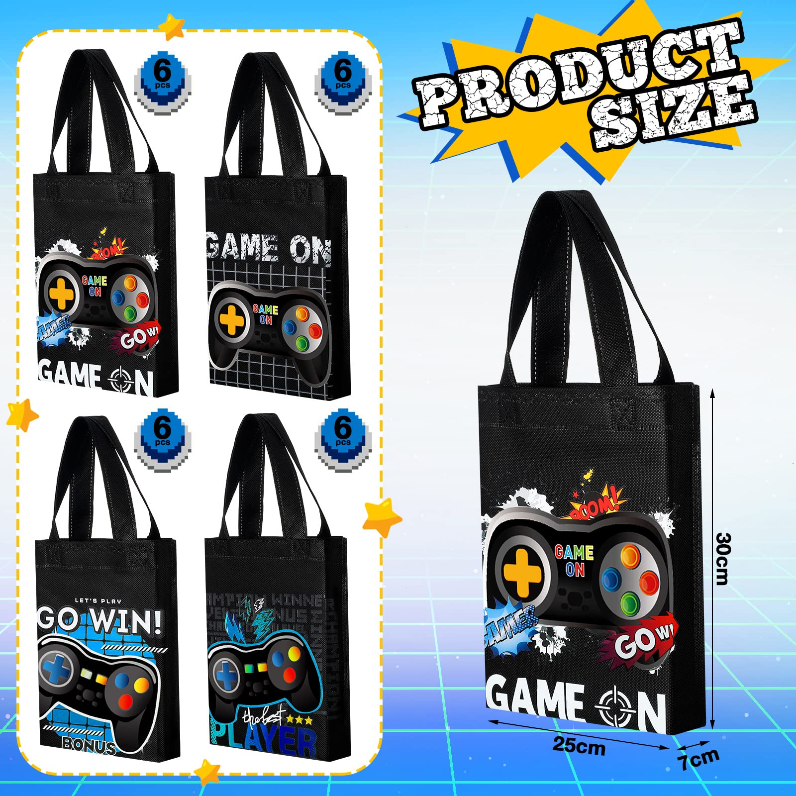 24 Pack Video Game Themed Gift Bags - Reusable Party Favors with Handles for Birthday, Baby Shower & Game Night - Non-Woven Goody Treat Bags for Kids & Adults
