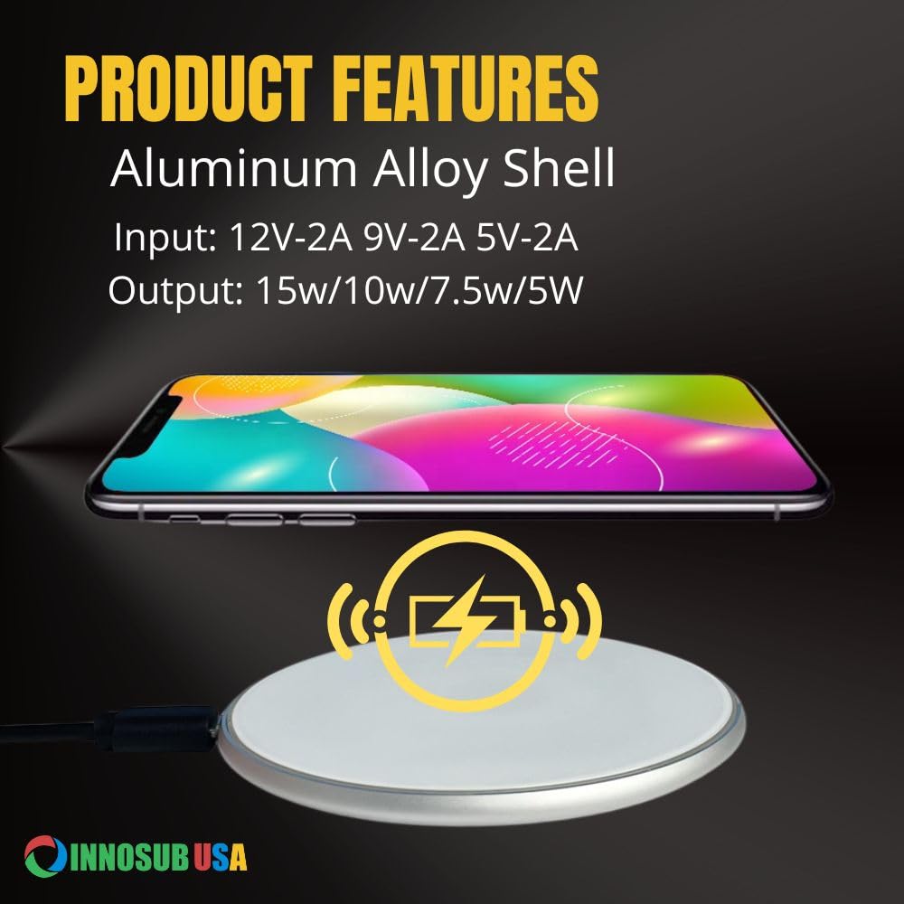 10W Fast Wireless Charging Pad for iPhone & Samsung - Sublimation Blank Qi-Certified Charger - Customizable Phone Charger for Home, Office & Travel (Silver, Pack of 1)