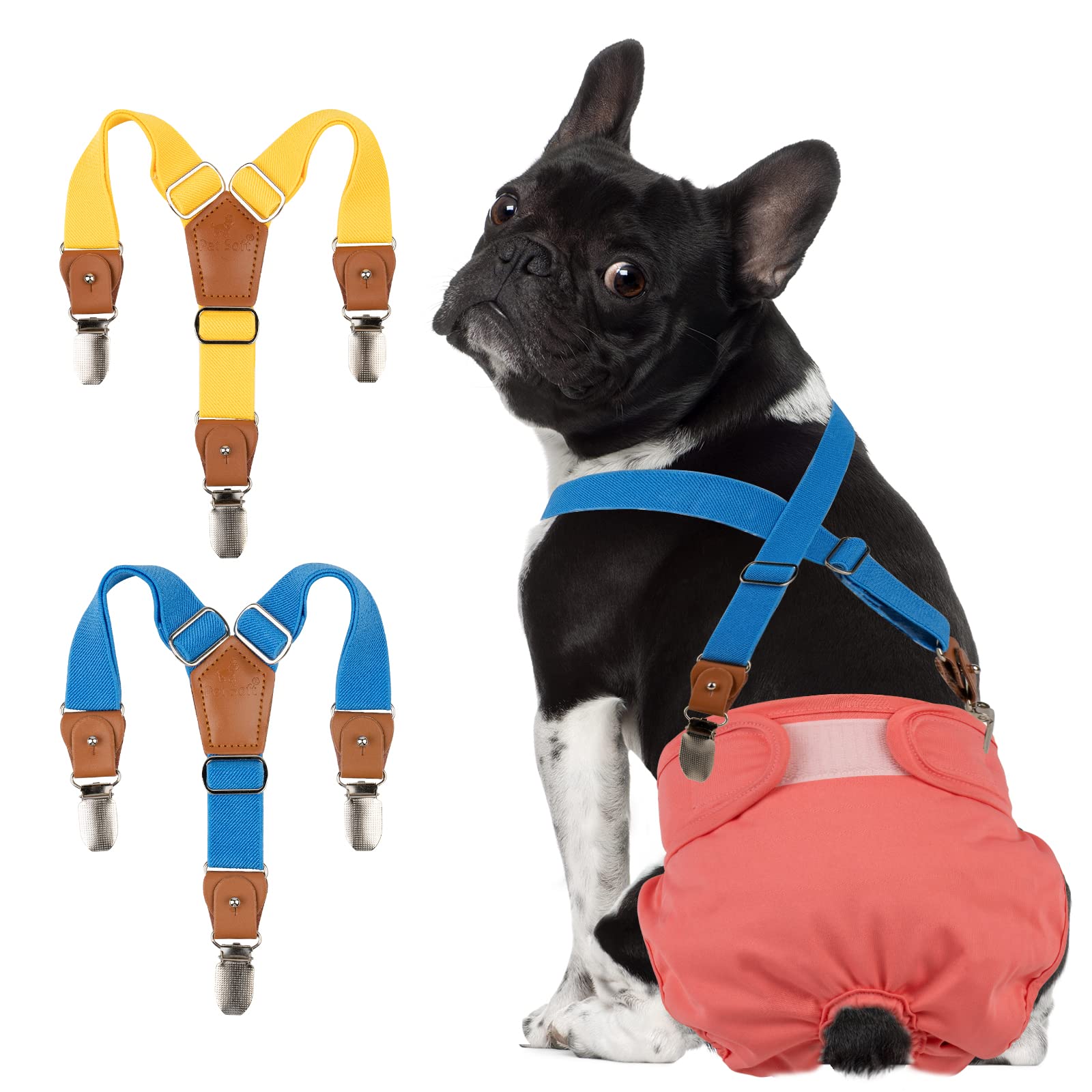 Pet Soft Dog Suspenders 2-Pack - Adjustable Diaper Suspenders for Small Dogs, XS/S Size - Secure Dog Diapers, Skirts & Dresses (Gold & Blue) - Perfect for Puppy Training, Fashion Outfits & Special Occasions
