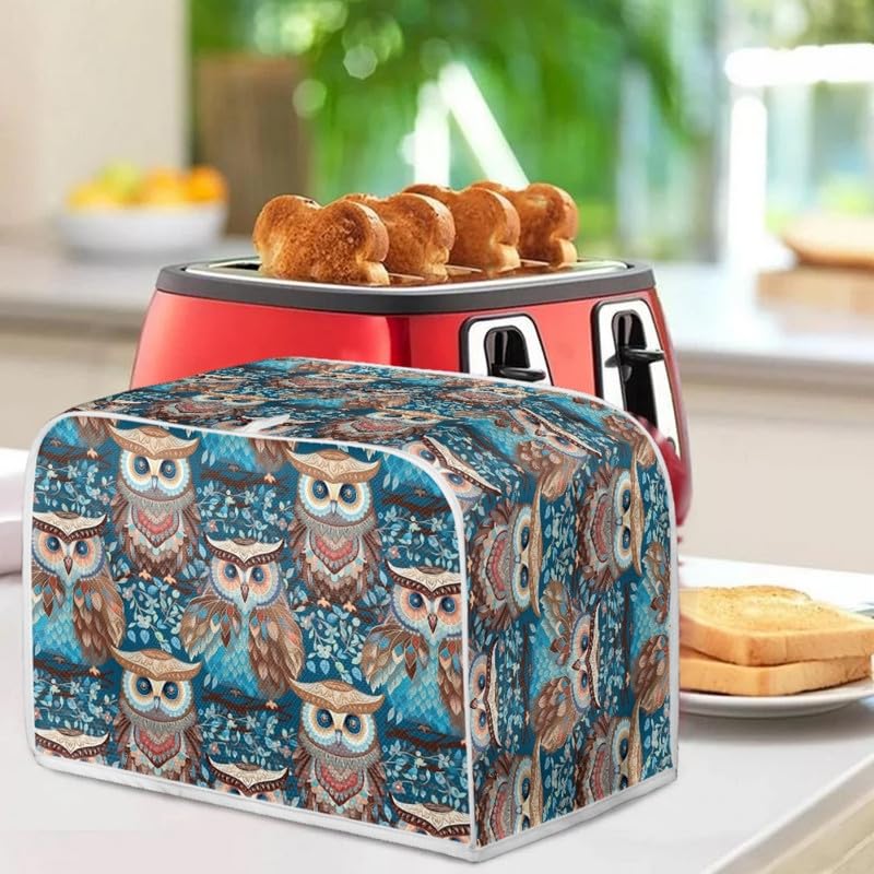 Forest Owl 2-4 Slice Toaster Cover - Turquoise Plant Branch Design, Microwave & Toaster Oven Dust Cover, Cartoon Owl Pattern, Dustproof & Fingerprint Protection - Perfect for Kitchen Countertop & Small Appliance Protection