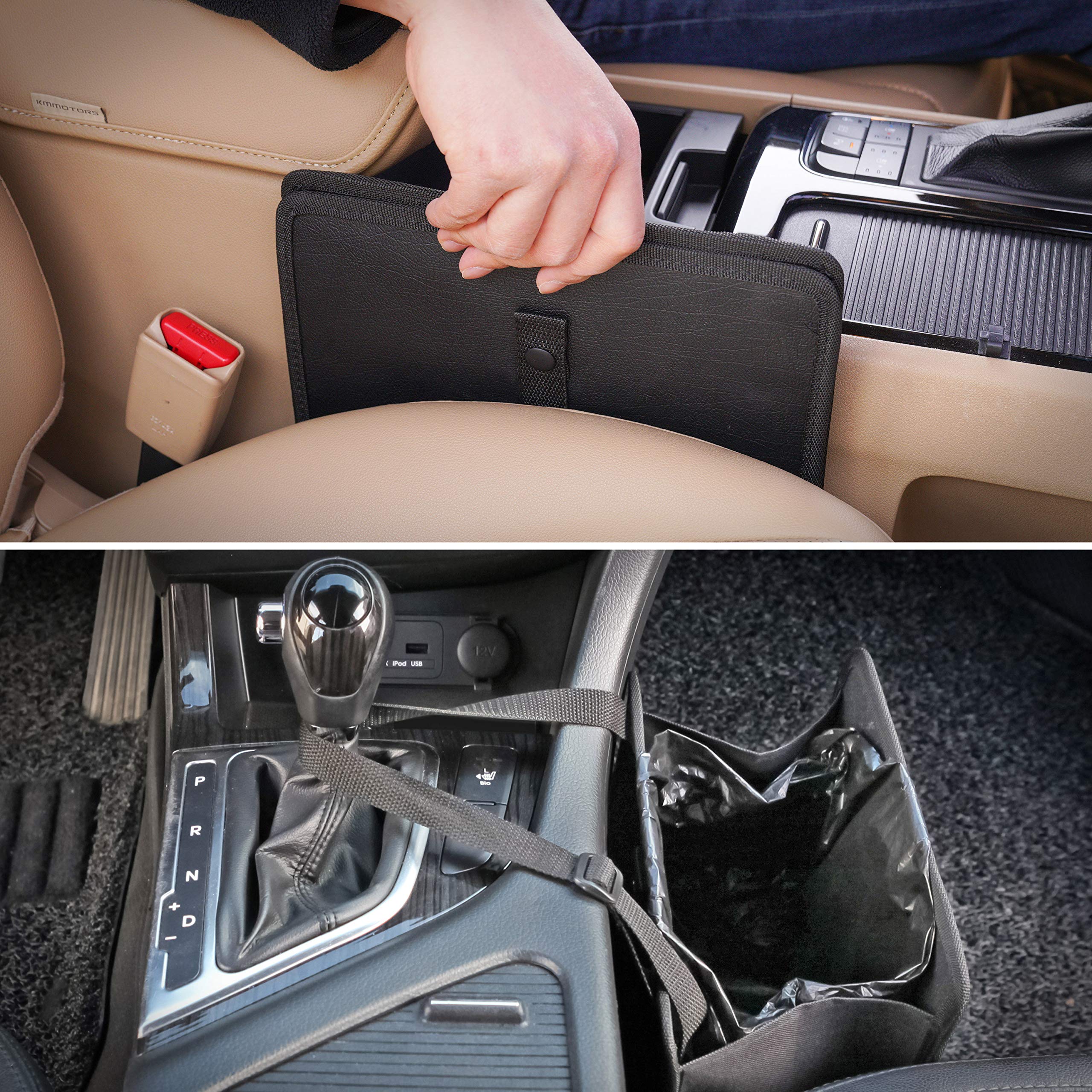 KMMOTORS Collapsible Car Trash Can - Vegan Leather Hanging Car Garbage Bin for Front & Back Seat (Medium, Black) | Perfect for Road Trips, Commuting & Keeping Your Vehicle Clean