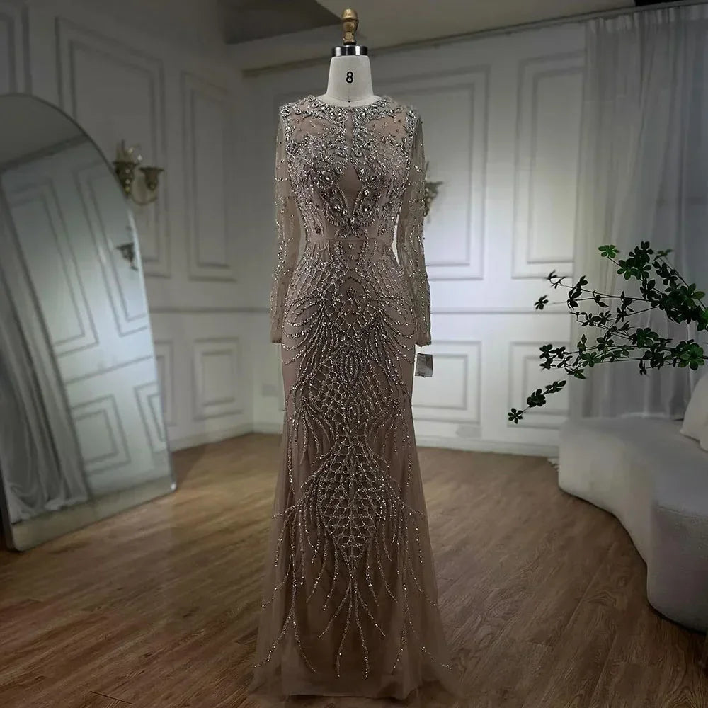 Elegant Muslim Silver Nude Mermaid Gown with Detachable Beaded Overskirt - Women's Evening Dress for Wedding, Party & Special Occasions - LA71919 | Perfect for Bridal Showers, Formal Events & Red Carpet Looks