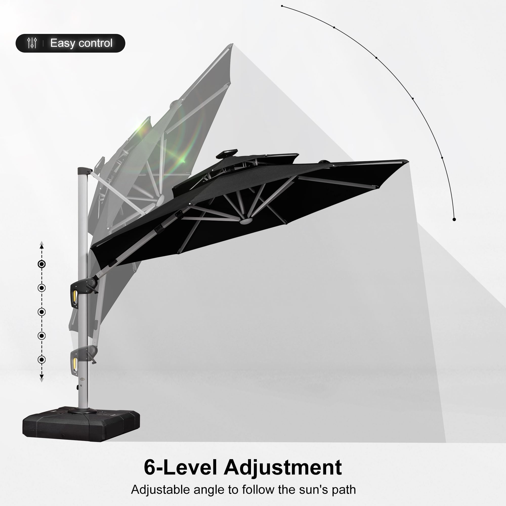 PURPLE LEAF 10ft Solar Powered LED Patio Umbrella - Large Windproof Cantilever Outdoor Umbrella with LED Lights for Garden, Deck, Pool - Heavy Duty Sun Shade for Outdoor Dining & Relaxation (Black)