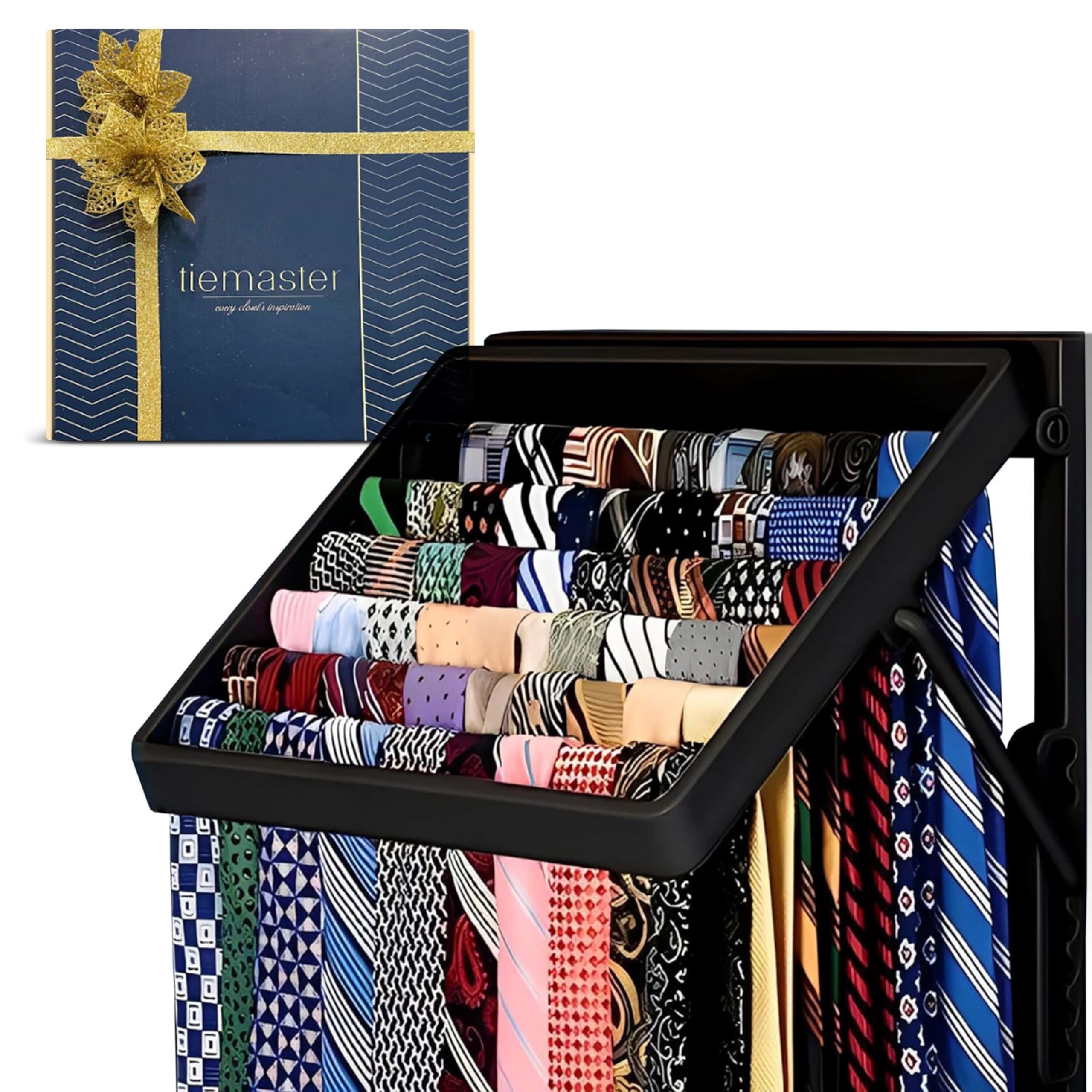 TieMaster Wall-Mounted Tie & Scarf Organizer - Space-Saving Closet Storage for 60 Neckties & Scarves | No Batteries Needed | Easy Install | Modern Design | Protects Delicate Fabrics | Perfect for Home, Office & Travel Organization