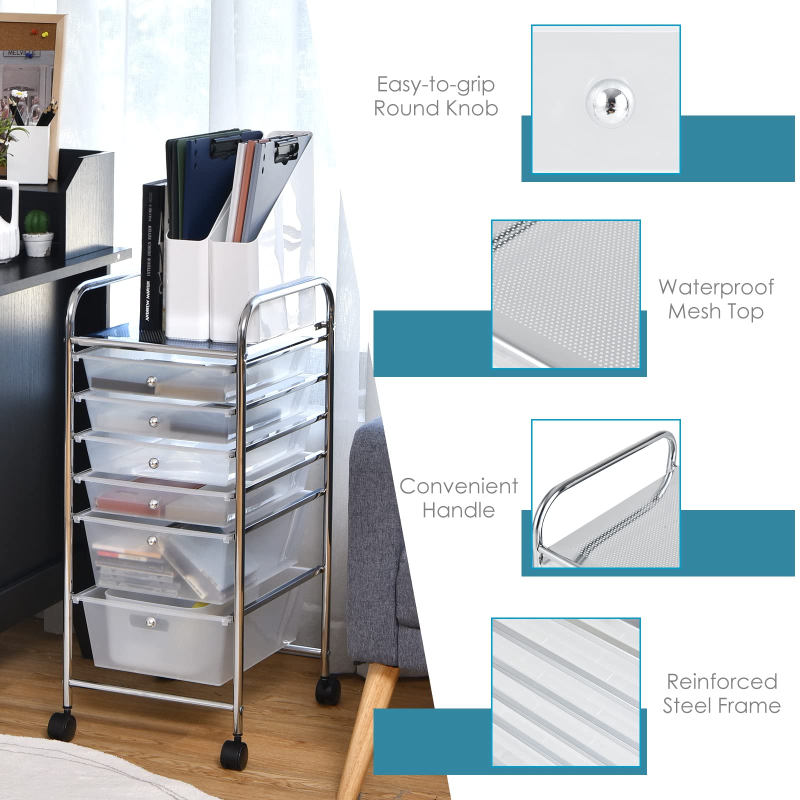 6-Drawer Rolling Storage Cart with Wheels - Multipurpose Utility Organizer for Craft, Scrapbook, Tools, Paper & Office Supplies - Clear Plastic Mobile Storage for Home, Office & School - Perfect for Art Supplies, Stationery & DIY Projects