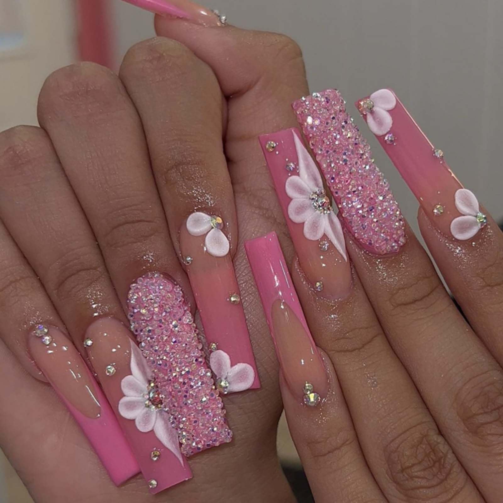 24PCS Long Square Press on Nails - Pink Gradient Acrylic Fake Nails with Bling Flower Designs, Full Cover Artificial Nails for Women & Girls - Perfect for Parties, Weddings & Special Occasions