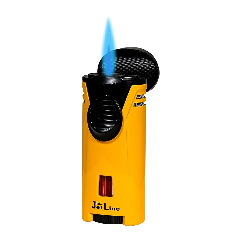 Jetline Bugle Single Torch Lighter with Built-in Cigar Rest - Yellow Windproof Refillable Butane Lighter for Cigars, Cigarettes & Outdoor Use - Perfect for Smoking, Camping & Travel