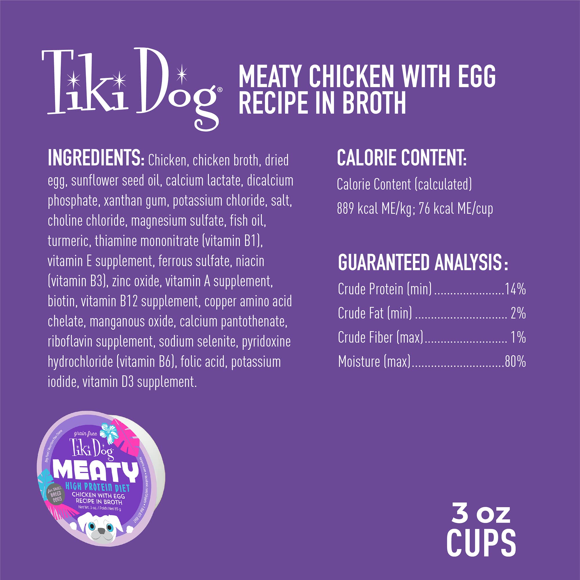 Tiki Dog Meaty Wet Dog Food - Chicken with Egg Recipe, 3 oz. Cups (Pack of 4) | High Protein Grain-Free Dog Food for Small & Medium Breeds | Perfect for Travel, Training Treats & Mealtime