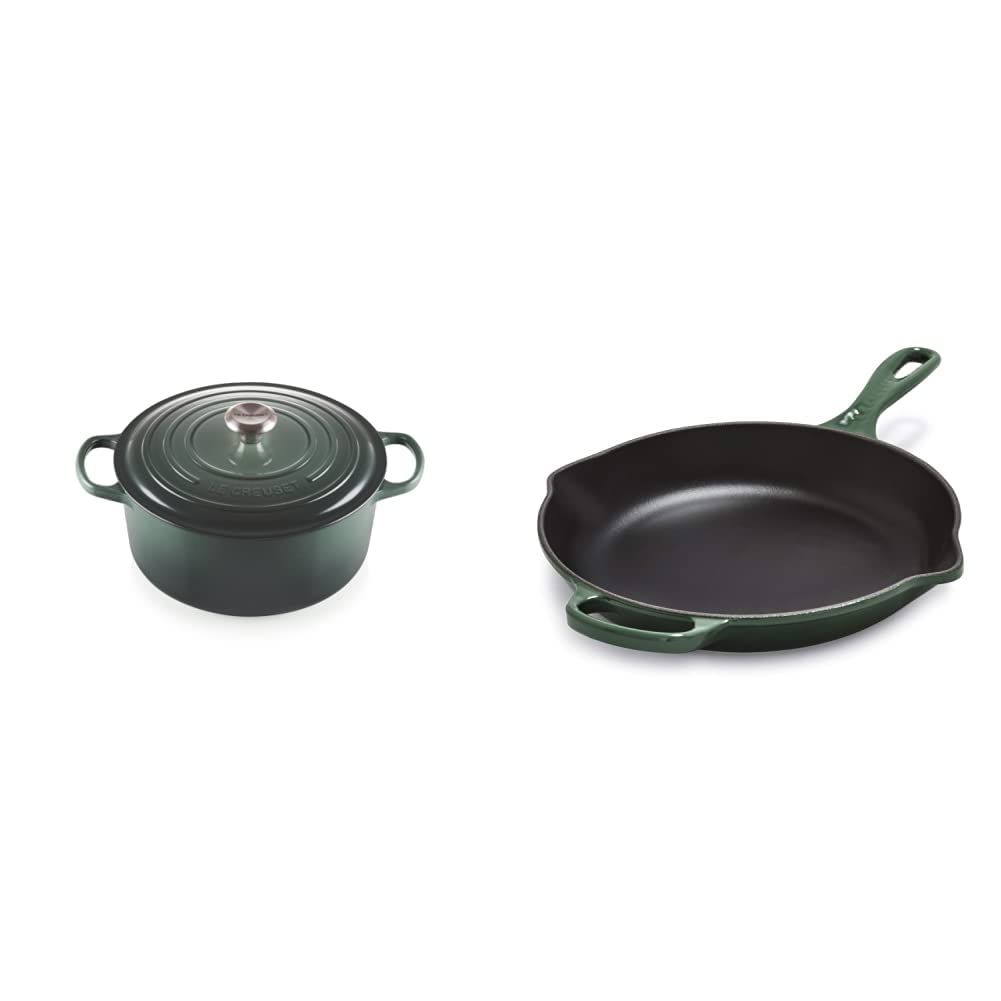 Le Creuset Enameled Cast Iron Signature Round Dutch Oven 7.25 Quart & 10.25 Inch Skillet Set in Artichaut Green – Perfect for Braising, Roasting, and Searing – Ideal for Home Chefs and Gourmet Cooking
