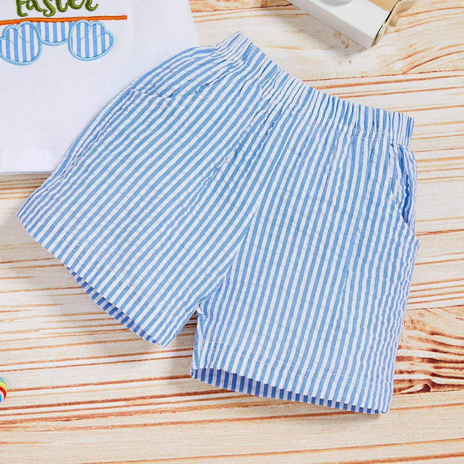 Sinhoon Baby Girl & Boy Easter Outfits - Bunny Pattern Romper with Blue Stripes Suspenders - Adorable Toddler Easter Clothes Set for Spring Photoshoots & Holiday Celebrations