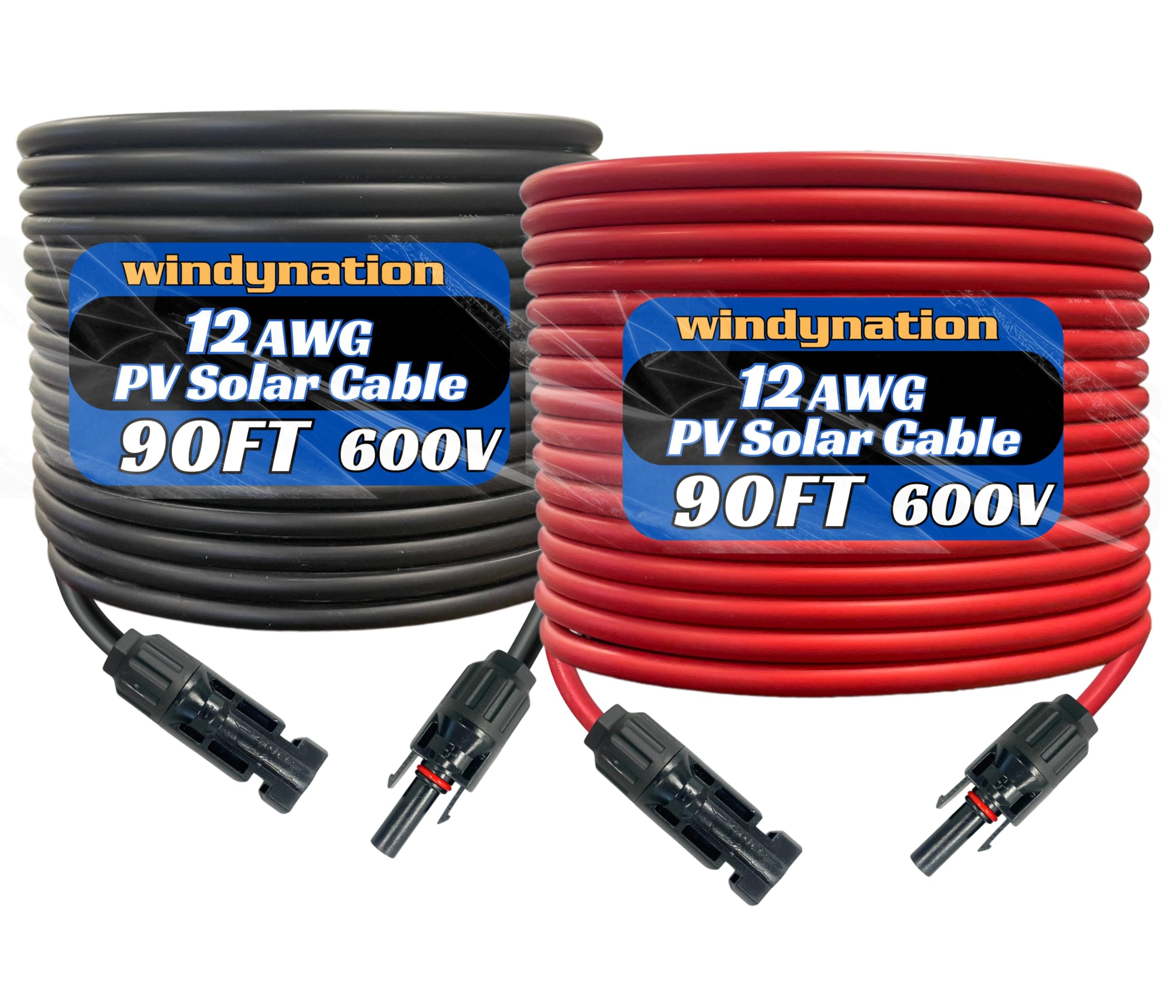 WindyNation 12 AWG Solar Panel Extension Cable - 90ft Black + 90ft Red PV Wire with Connectors for Off-Grid Systems, RV & Home Solar Installations