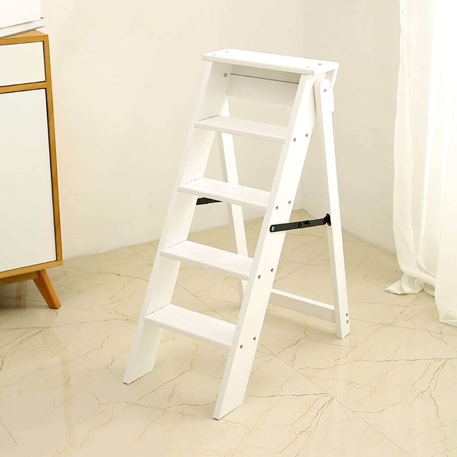 **SIGOLY Foldable Wooden Step Stool Ladder - 5 Step Portable Indoor Climbing Stool for Kitchen, Bathroom, and Home Organization**