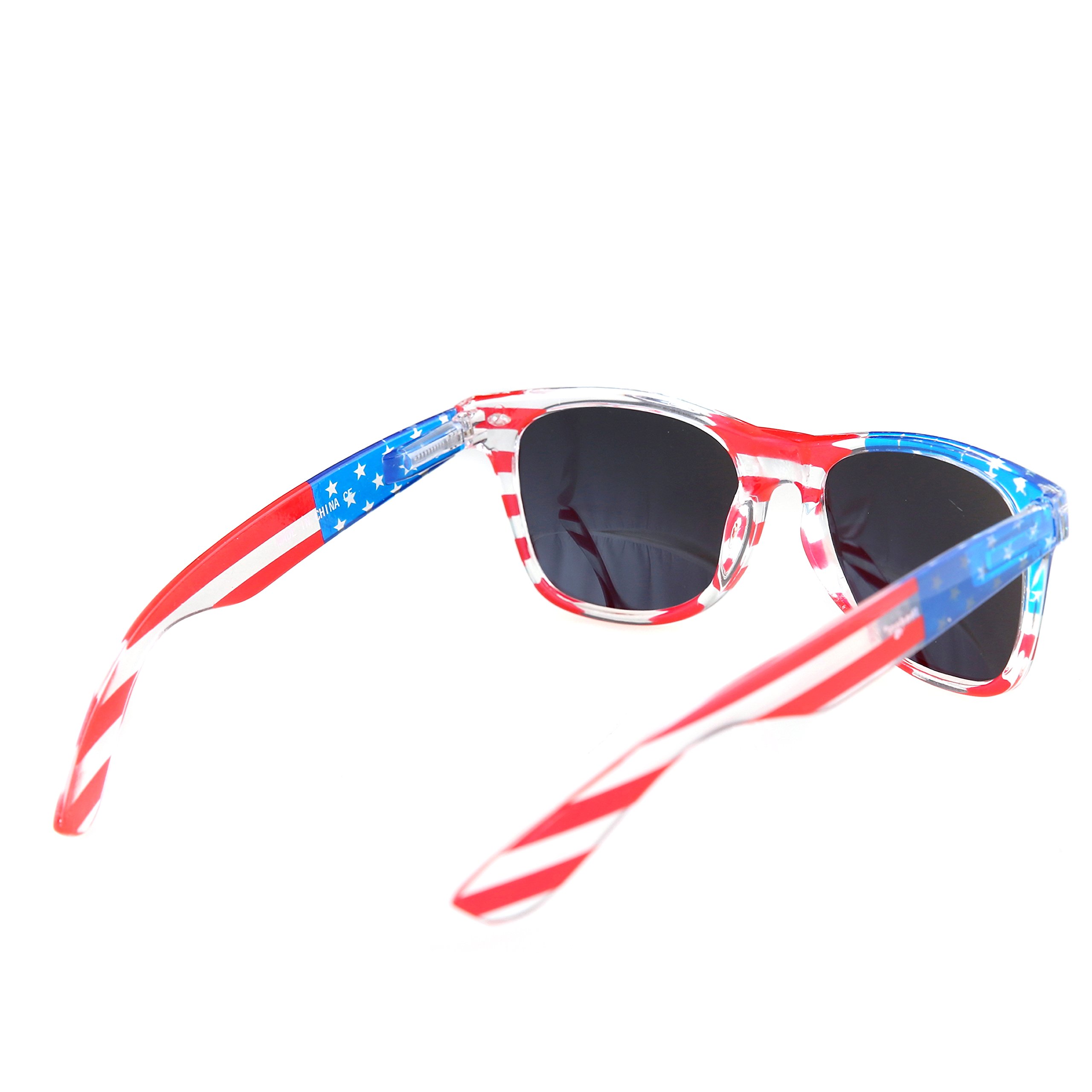 USA Flag Sunglasses - Patriotic American Flag Design with Clear Frame - 80s Retro Style for 4th of July, Beach Parties & Summer Festivals