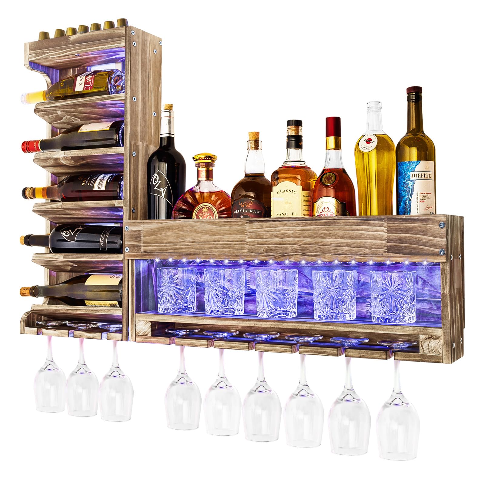 Wall Mounted Wooden Wine Rack with LED Lights - Rustic Alcohol Shelf with Bottle & Stemware Holder - Home Bar Storage with Cork Compartment - Perfect for Kitchen Decor & Wine Display in Dining Rooms