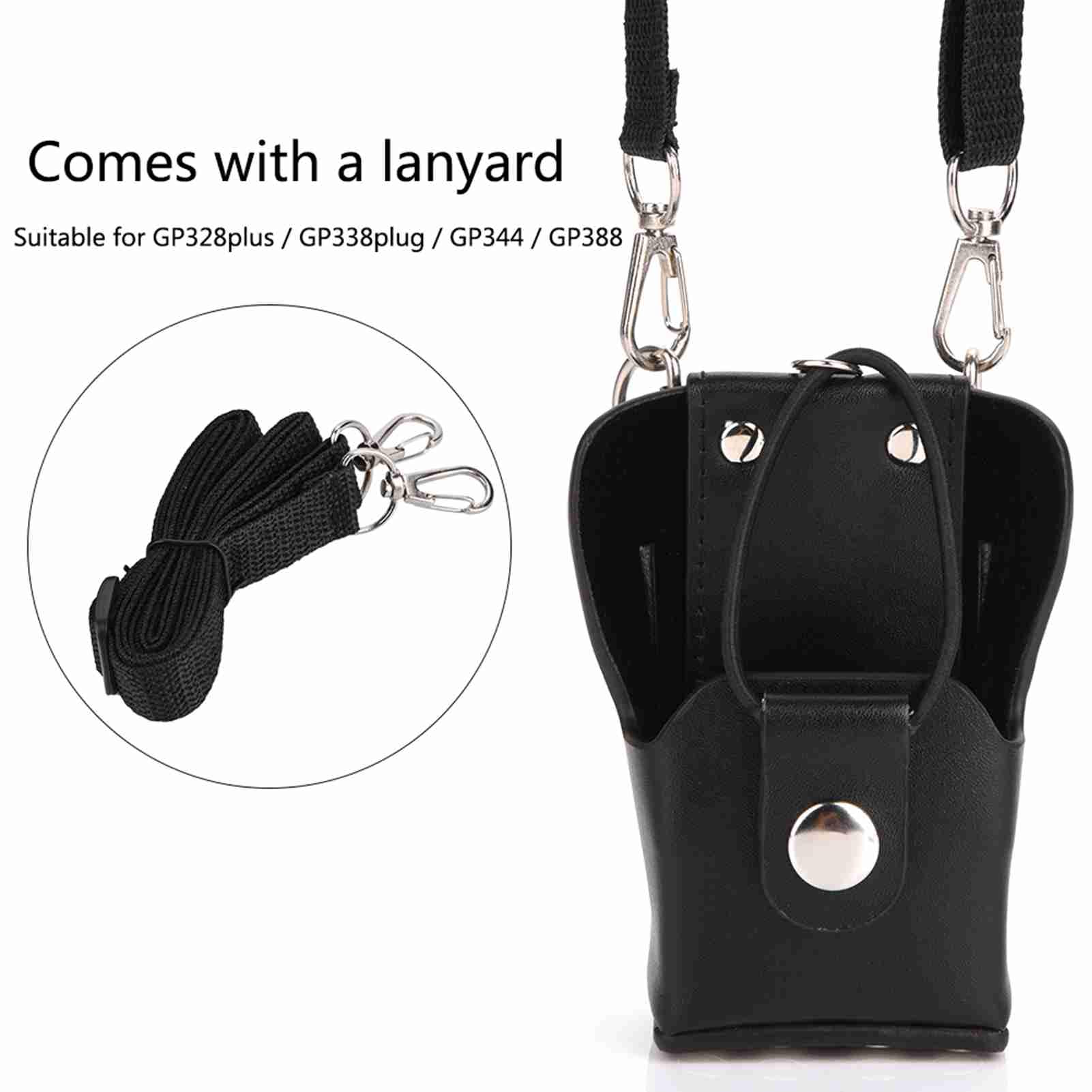 Durable Leather Case Holder for Two-Way Radios - Compatible with Motorola GP328plus, GP338plug, GP344, GP388 - Heavy Duty Holster with Lanyard for Secure Carrying - Perfect for Construction, Security & Outdoor Communication
