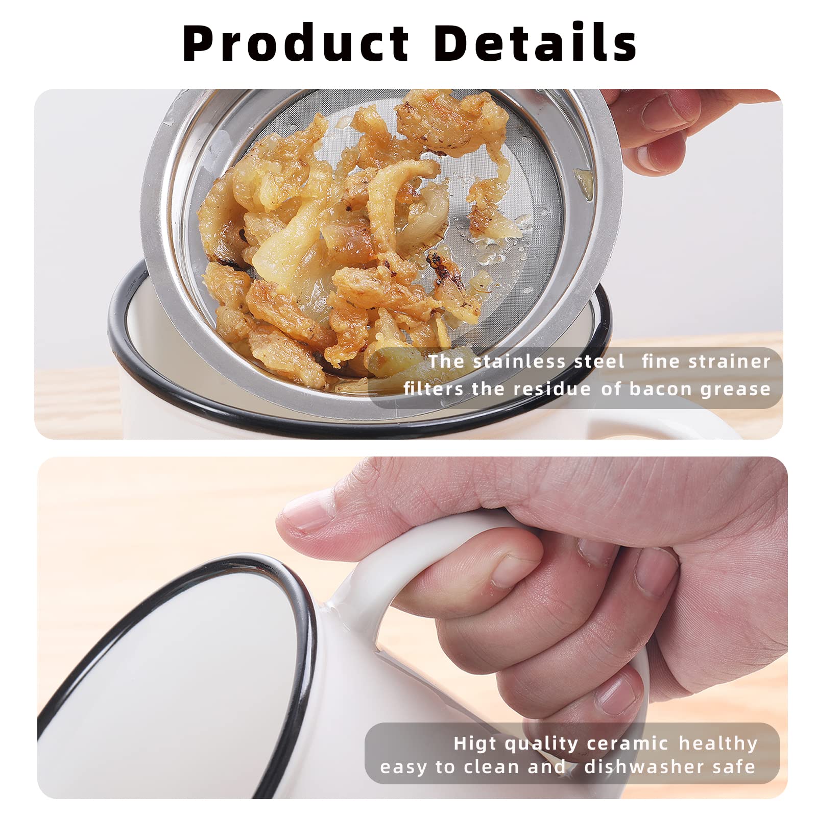 Premium Ceramic Bacon Grease Keeper with Built-in Strainer - White - Perfect for Kitchen Storage & Cooking Oil Recycling