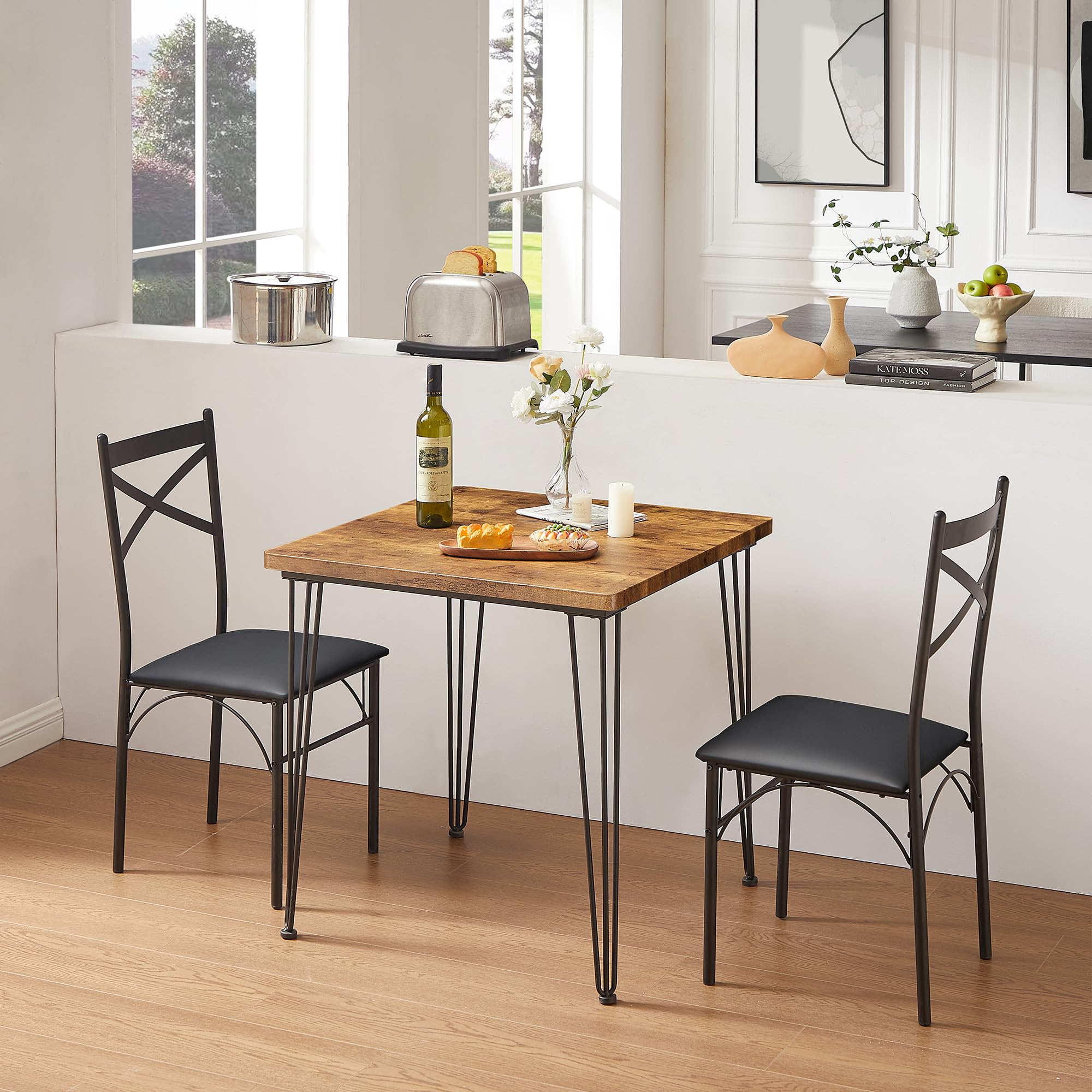 VECELO 3-Piece Dining Table Set with PU Cushion Chairs - Compact Kitchen Table for Small Spaces | Perfect for Apartments, Breakfast Nooks & Cozy Dining Areas