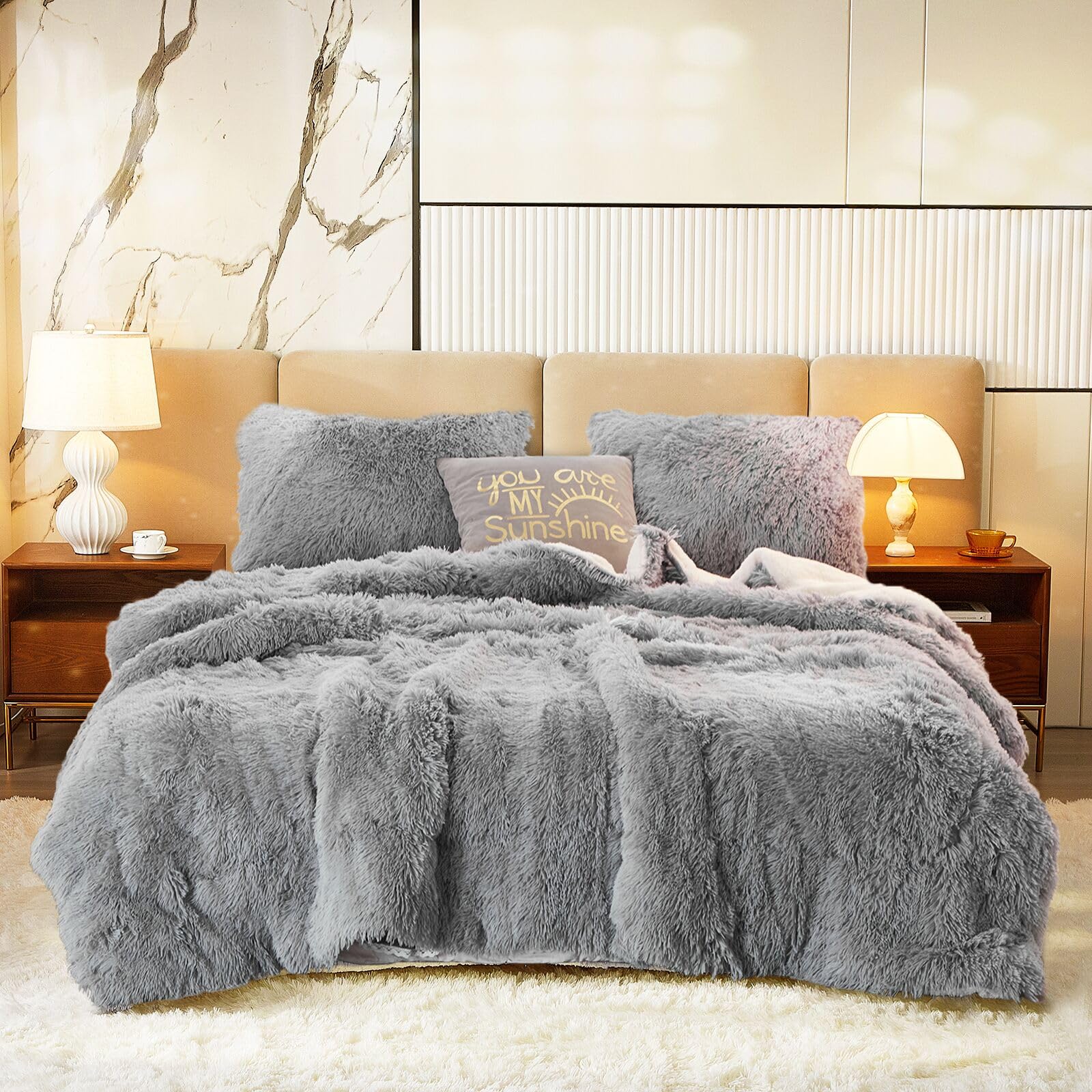 Luxury Faux Fur Shaggy Comforter Set King Size - Plush & Sherpa Reversible Grey Bedding, Ultra Soft 3 Piece Set (1 Comforter + 2 Pillowcases) for Winter Warmth - Perfect for Cozy Bedrooms, Guest Rooms & Cold Weather Comfort