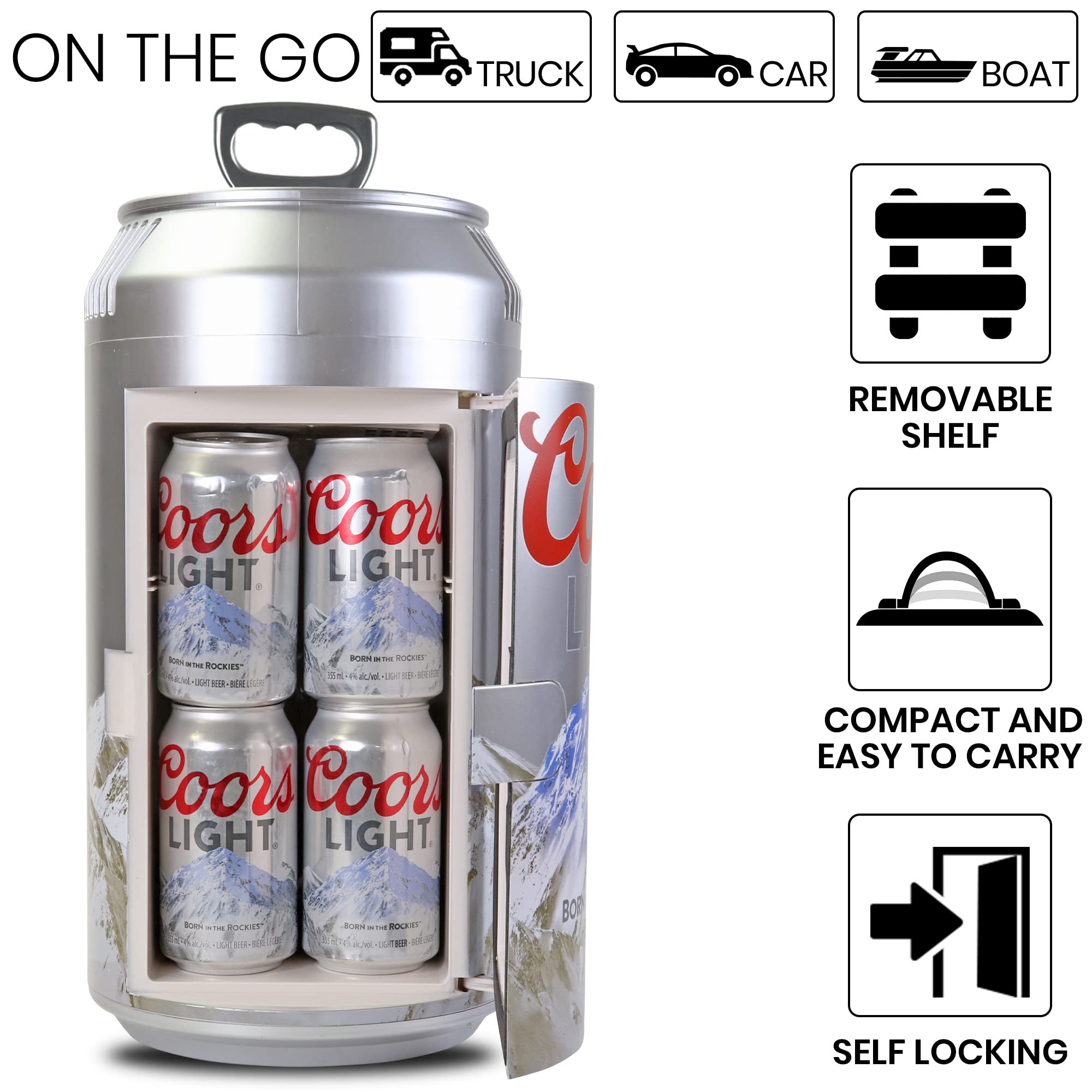 Coors Light 8 Can Portable Mini Fridge - 5.4L (5.7 qt) Beer Can Shaped Cooler with 12V DC & 110V AC Power - Compact Refrigerator for Beer, Soda, Snacks & Drinks - Perfect for Home, Office, Dorm, RV, Travel & Outdoor Activities
